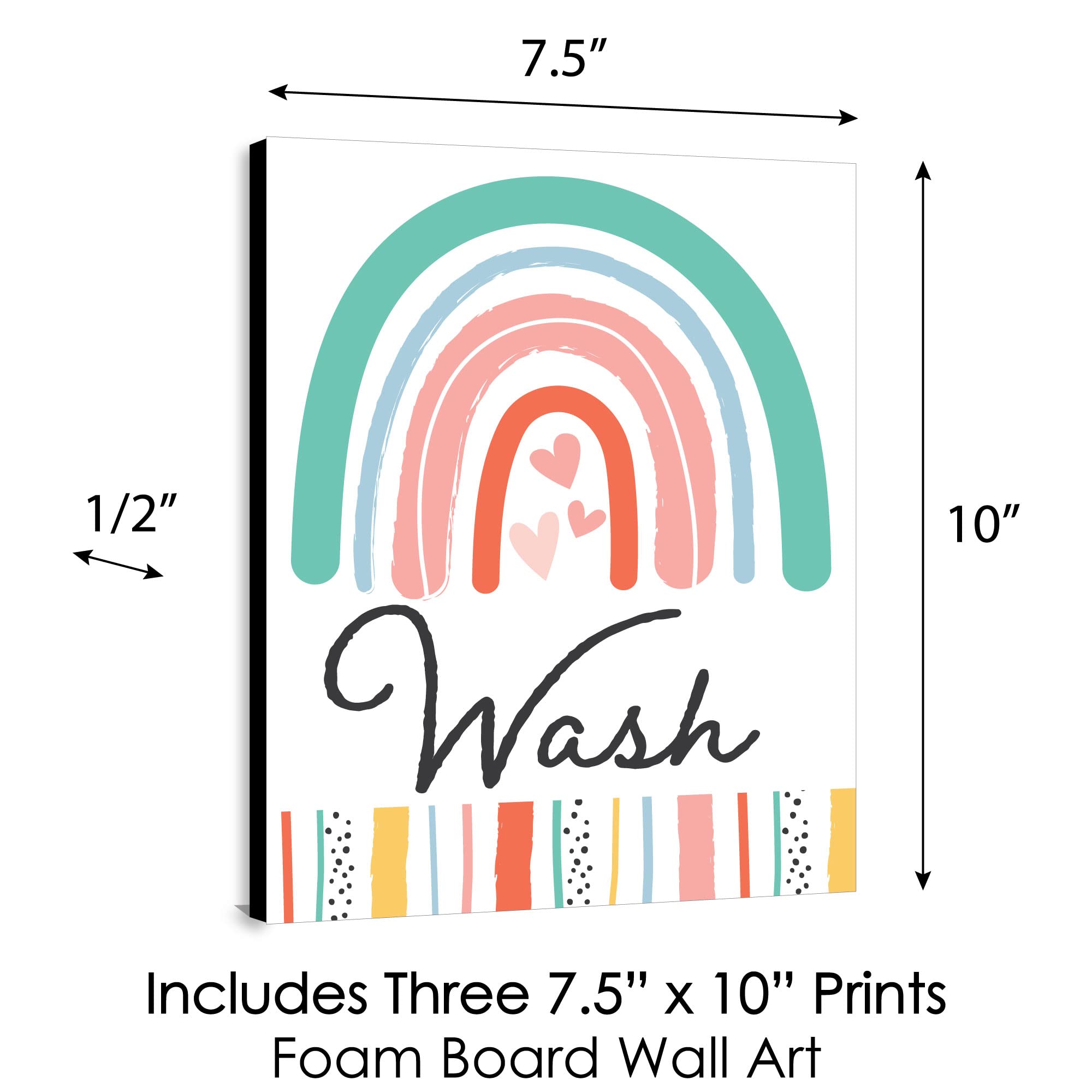 Big Dot Of Happiness Hello Rainbow - Boho Kids Bathroom Rules Wall Art - 7.5 X 10 Inches - Set Of 3 Signs - Wash, Brush, Flush