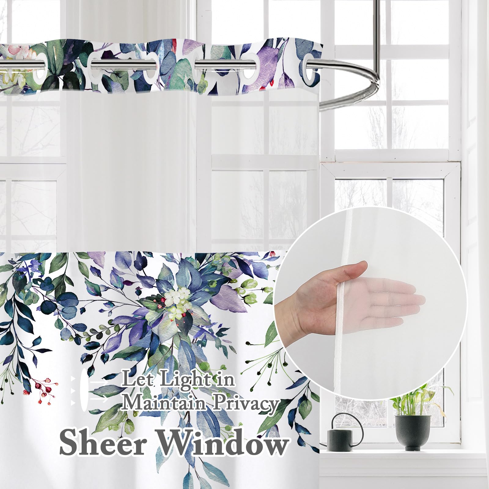 Gibelle Small Stall No Hook Shower Curtain With Snap-In Fabric Liner Set - 36'' X 74''(72''), Hotel Style Green Eucalyptus Leave