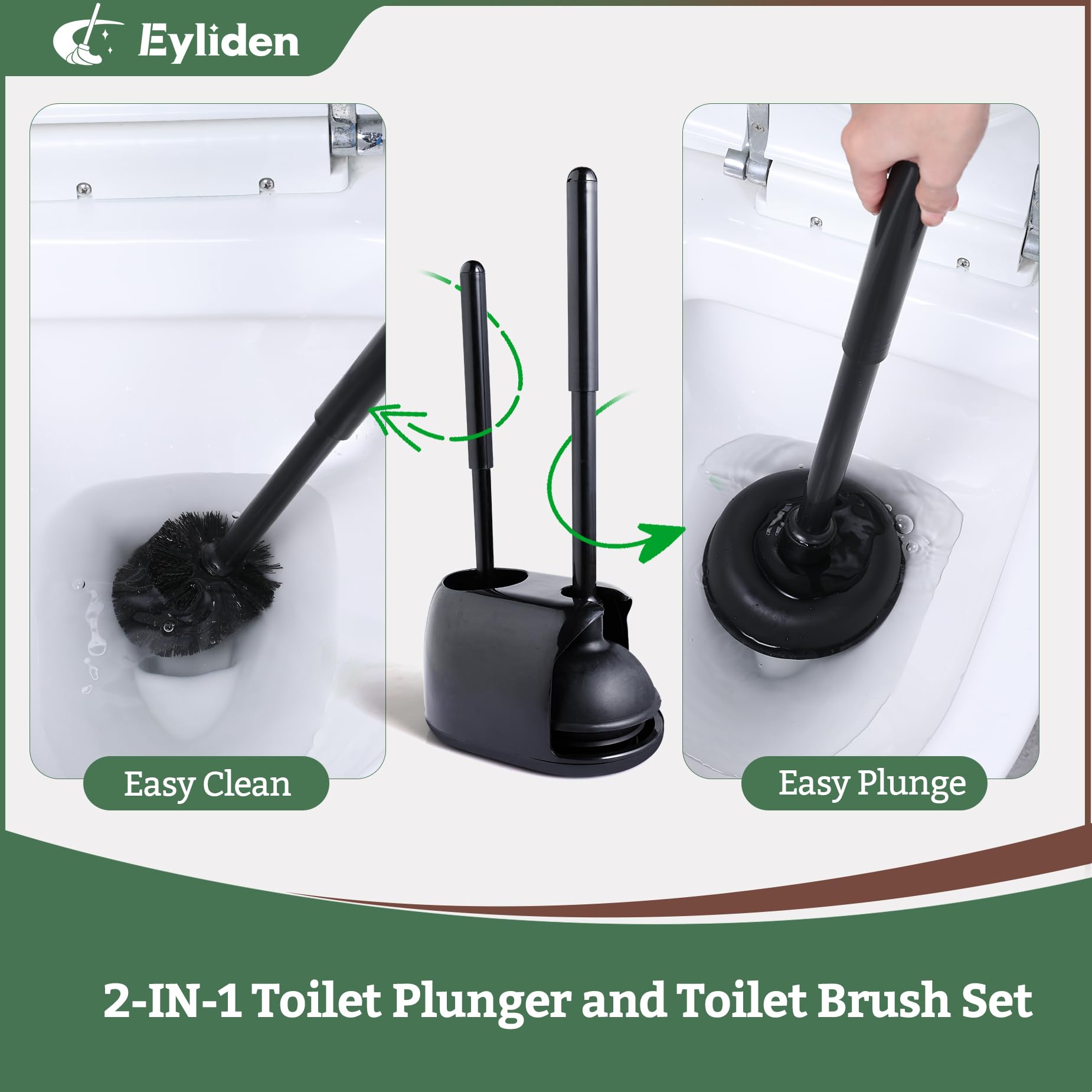 Eyliden Toilet Plunger And Brush Set, Upgrade 3-Step Suction Cup Toilet Plunger And Bowl Brush Set With Holder, Toilet Plunger B