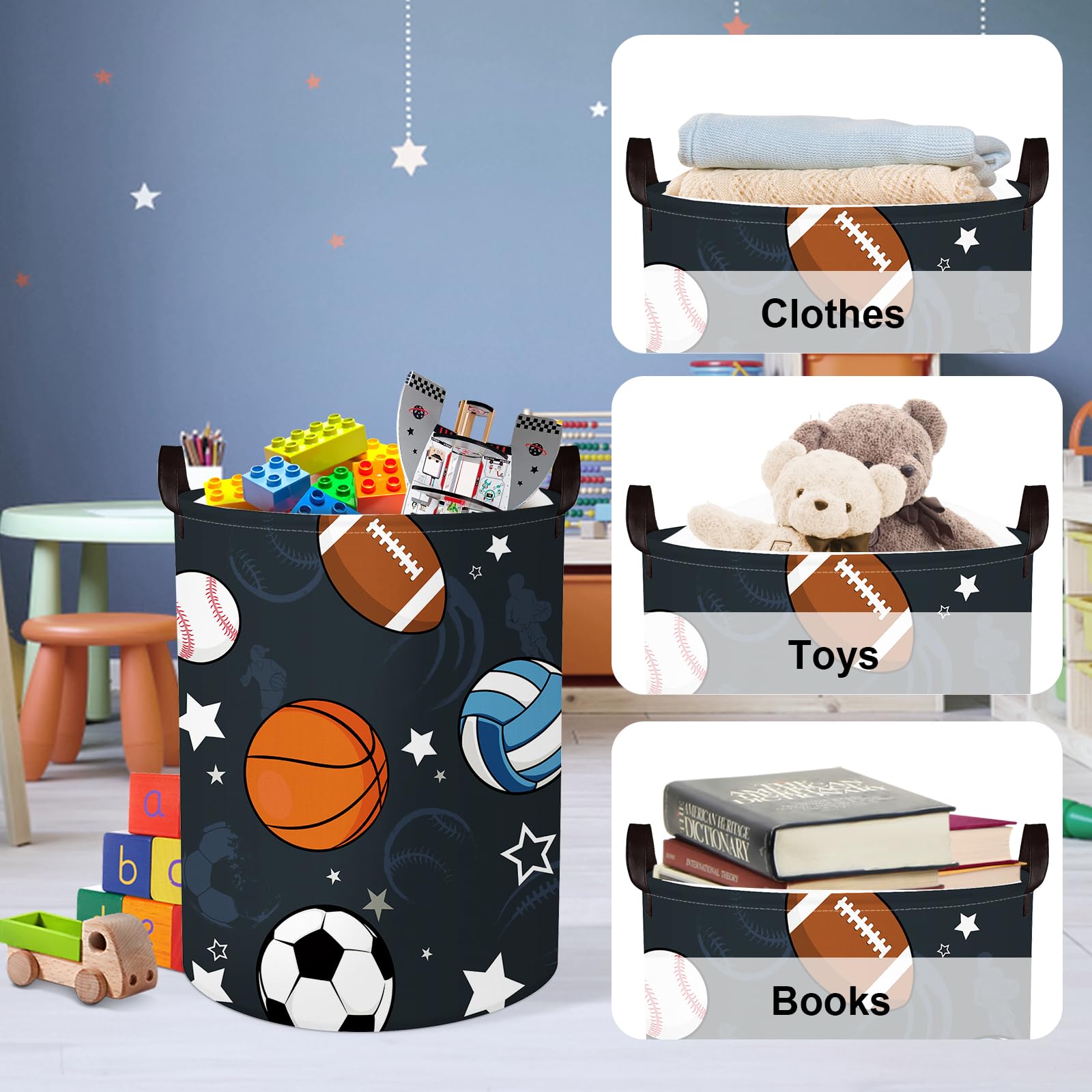 Clastyle 45L Waterproof Sports Laundry Basket With Drawstring Collapsible Football Basketball Storage Laundry Hamper For Bedroom