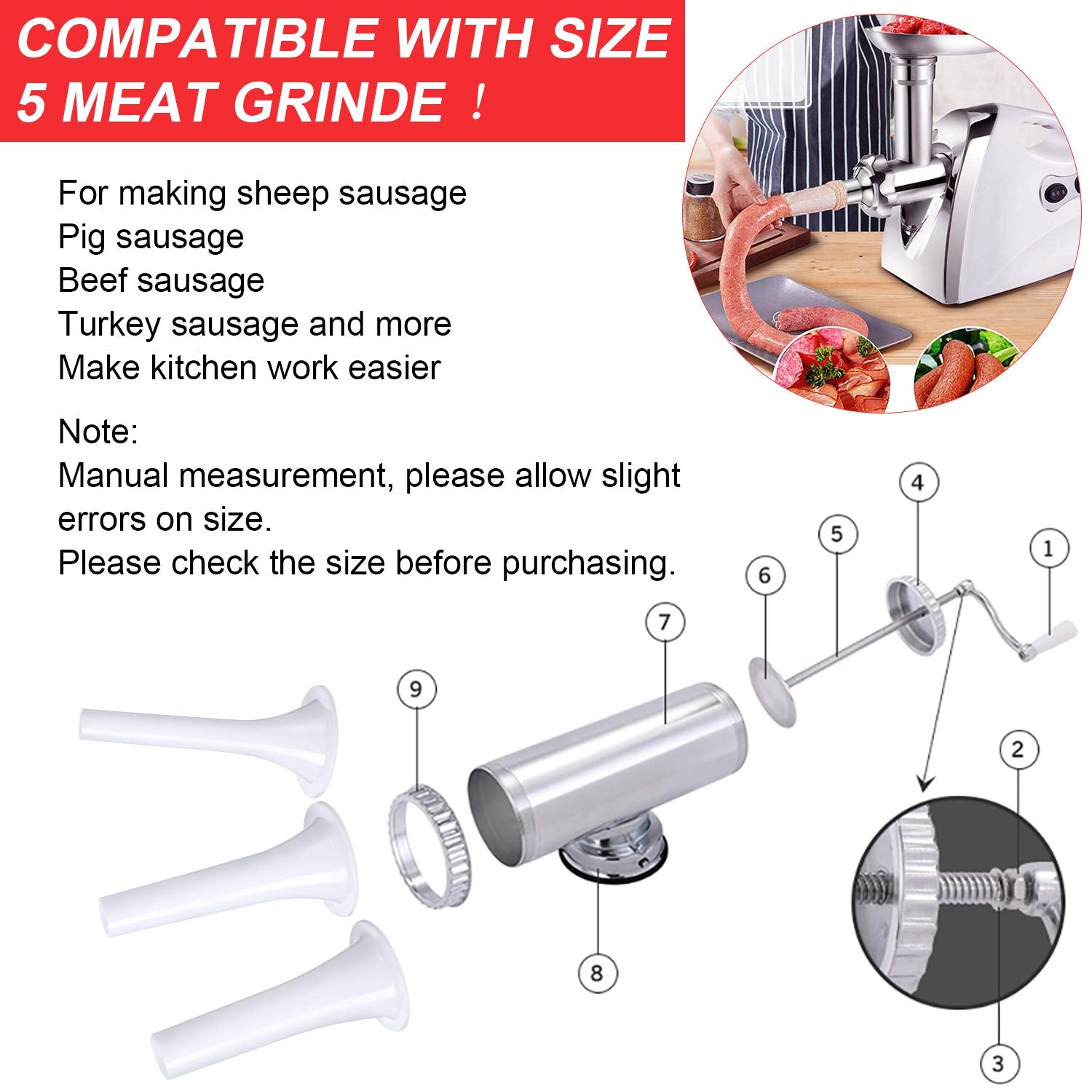 Mudder 9-Piece Sausage Stuffer Tube Set - Plastic Funnels for Size 5 Meat Grinder - 3 Sizes - White