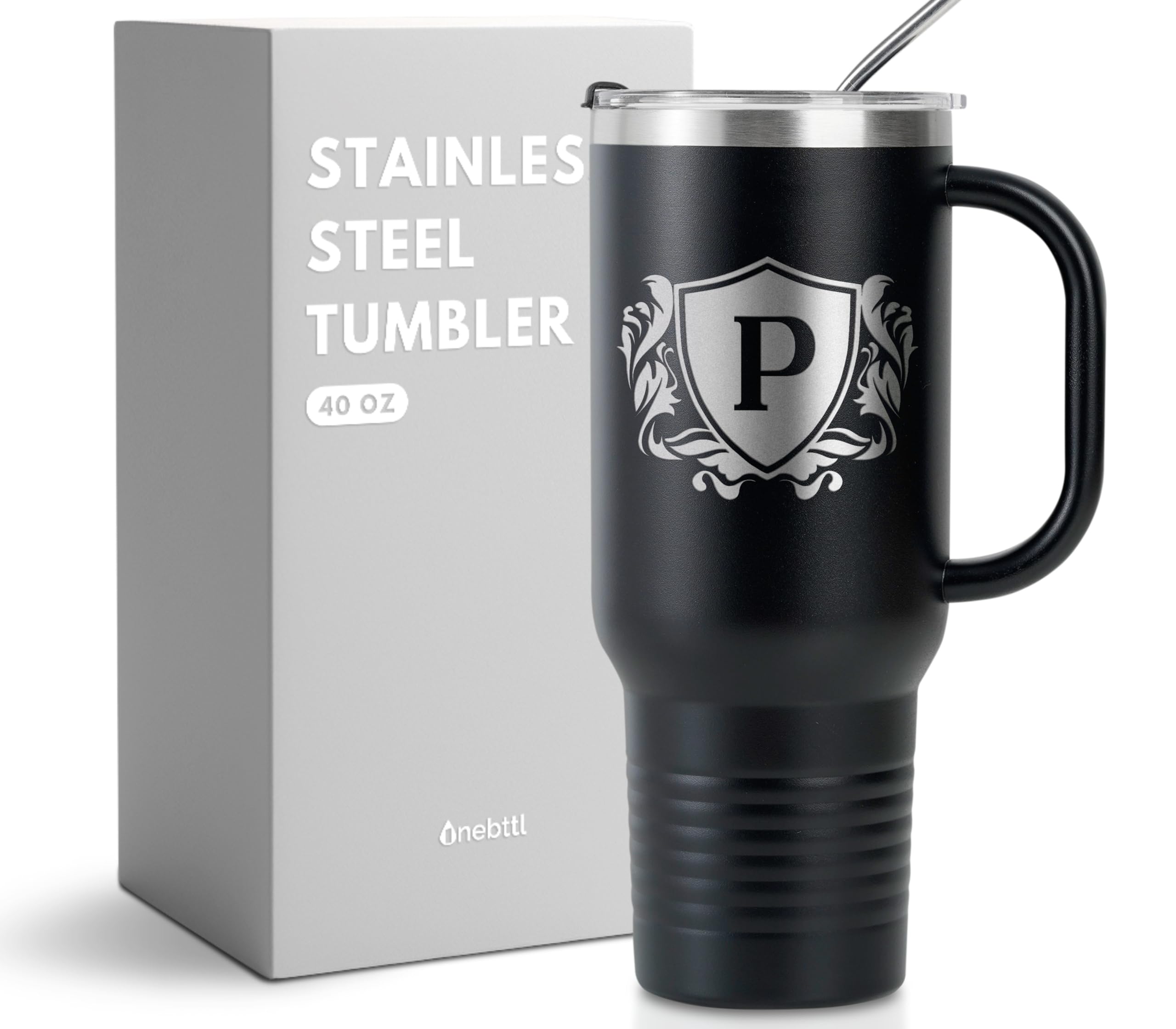 Onebttl Personalized 40 oz Tumbler with Handle and Straw, Monogrammed Travel Cup for Men, Custom Coffee Mugs, Unique Birthday Ch