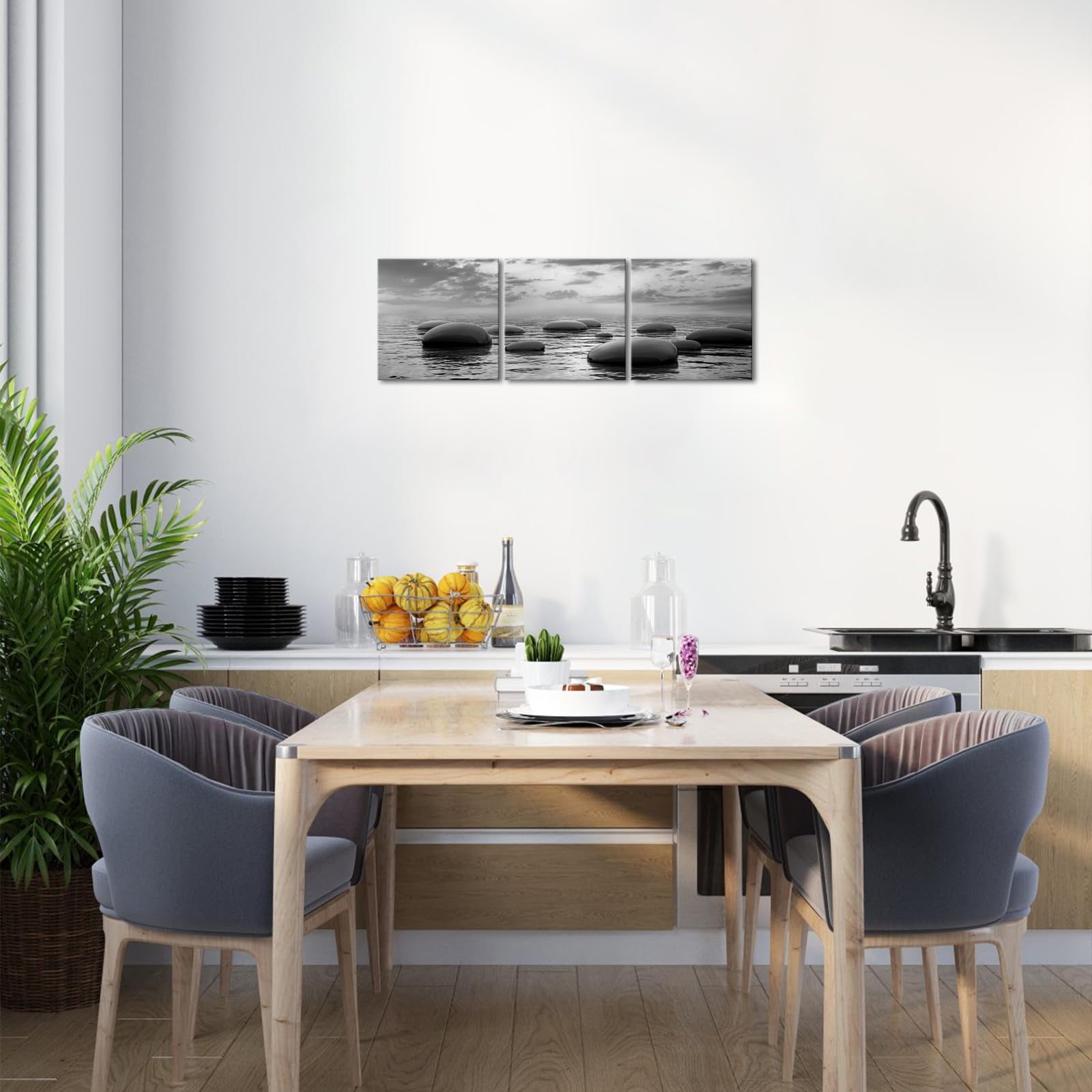 Hello Artwork 3 Panels Black And White Sea Rock Stone Zen Wall Art Seascape Painting Pictures Print For Home Office Bedroom Bath