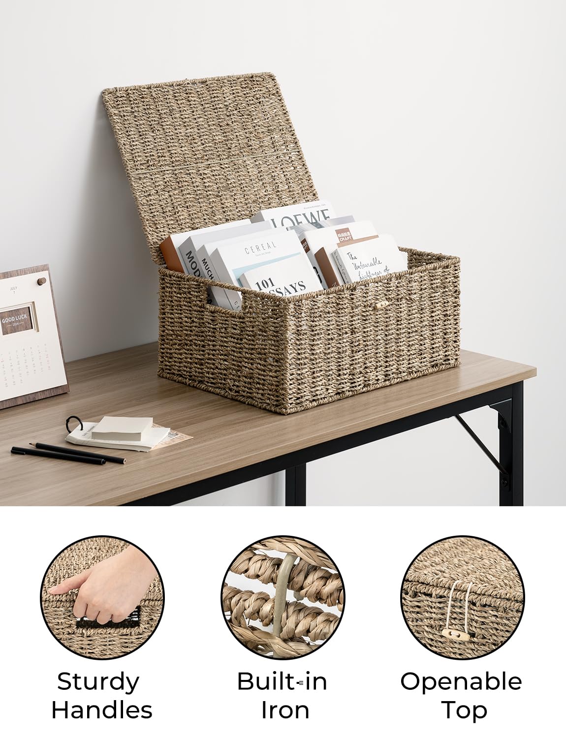 Storageworks Seagrass Wicker Baskets For Organizing, Large Wicker Basket With Lid, Decorative Basket With Built-In Handles, Stor