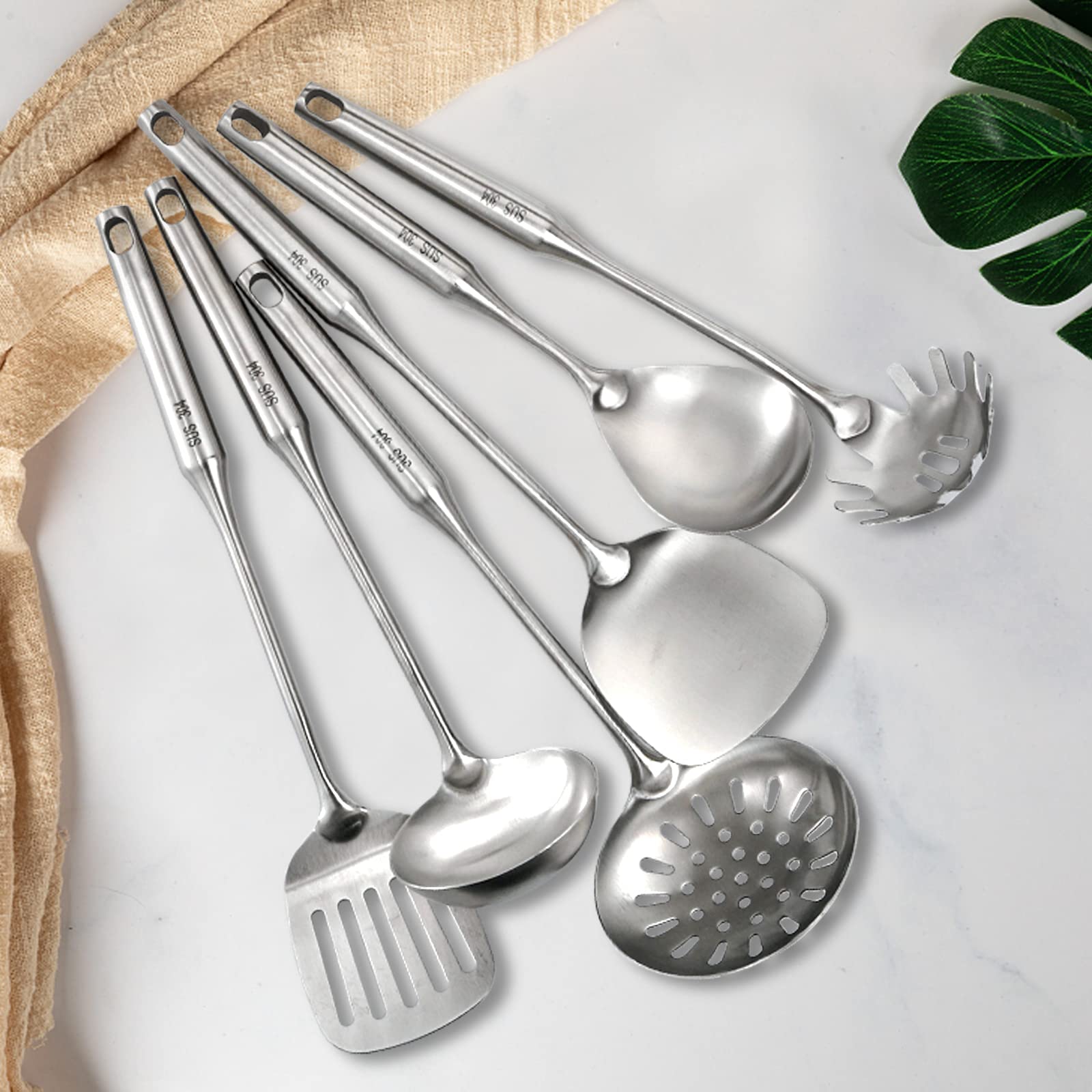Peohud Set Of 7 Kitchen Utensil Set, 304 Stainless Steel Cooking Tools, Cookware Set With Rotating Holder, Slotted Spoon, Slotte