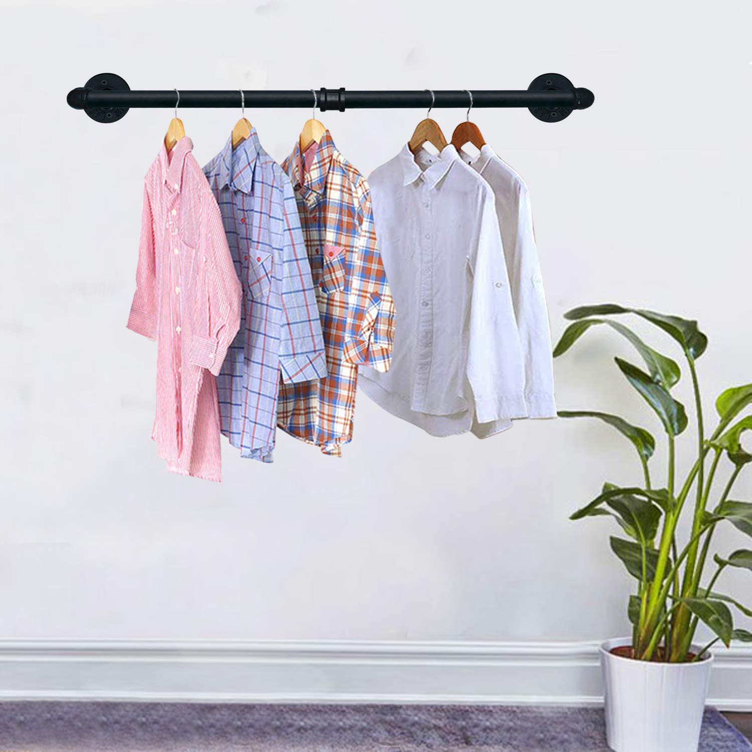 Tlbtek Industrial Pipe Clothes Rack,Heavy Duty Rustic Clothes Hanging Shelves System,Wall Mounted Detachable Black Iron Metal Ga