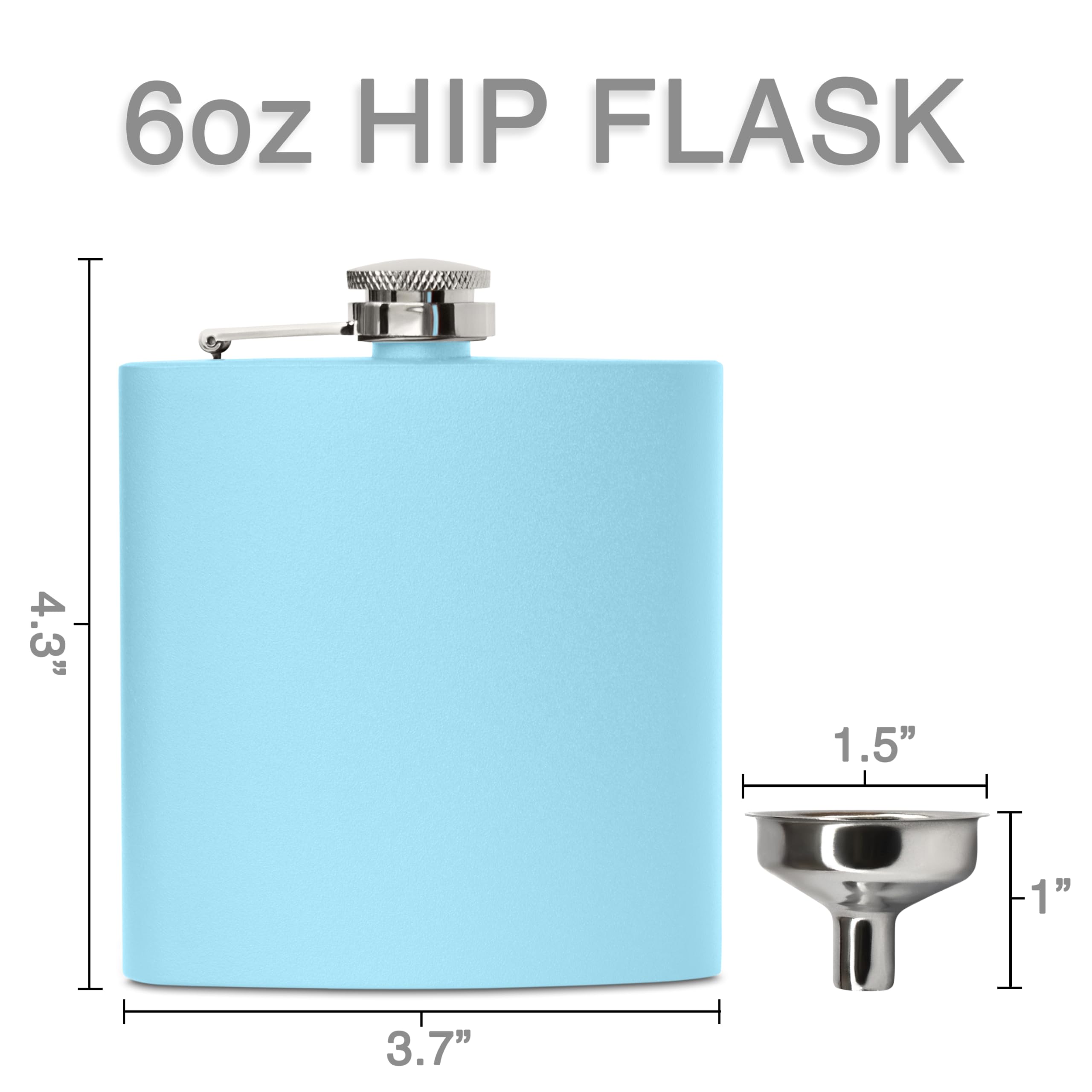 Clear Water Home Goods - 6 Oz Powder Coated Stainless Steel Hip Flask - Wedding Party - Groomsman - Bridesmaid (Matte Light Blue