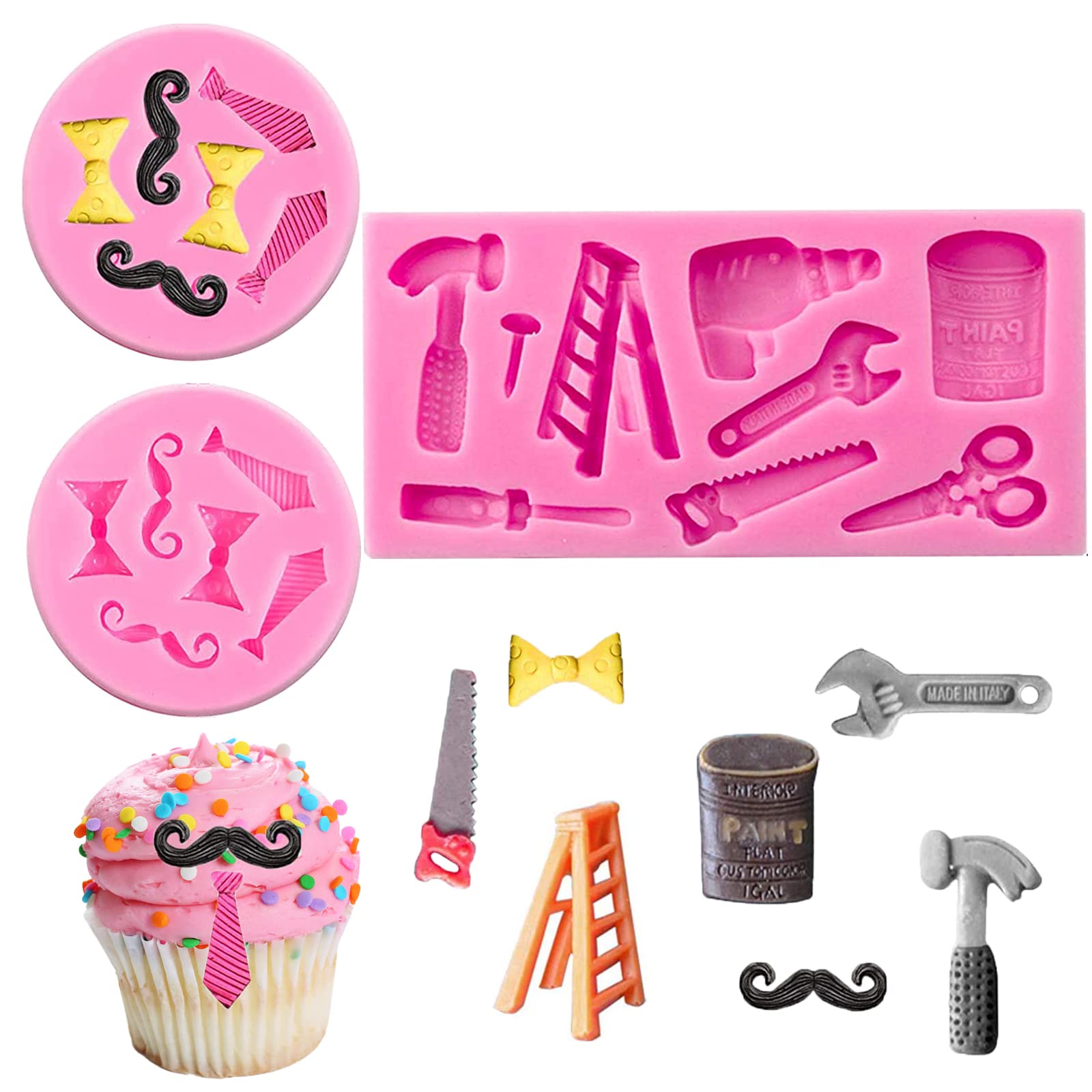 3 Pcs Mini Silicone Fondant Cake Mold, Father'S Day Bow Ties Beard Hand Tools Cupcake Fondant Cookies Decorating Mold, 3D Sugar