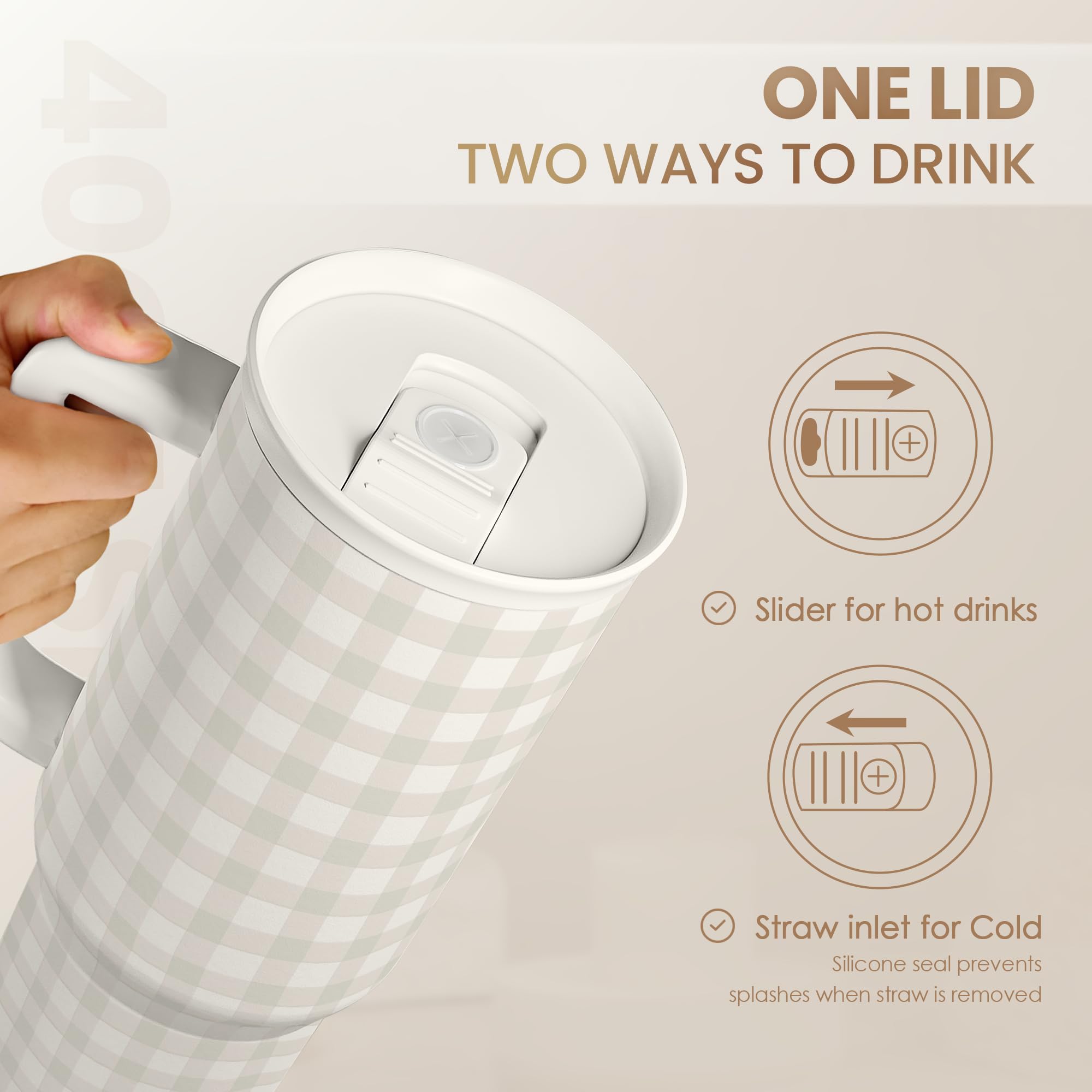 Grey Gingham 40oz Slider Tumbler with Handle and Straw - Insulated Stainless Steel Travel Coffee Mug for Women Girls, Gift for B