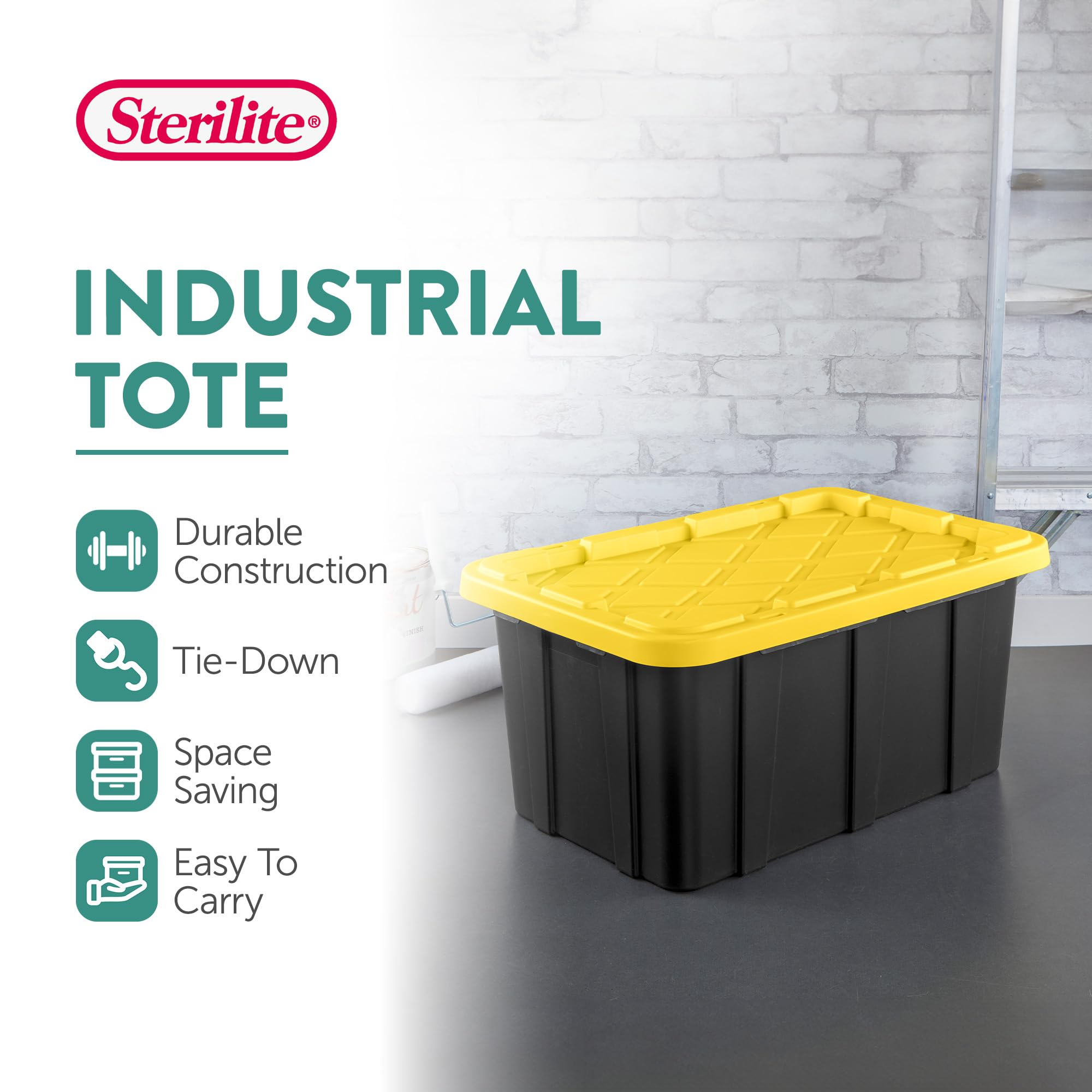 Sterilite 17 Gal Industrial Tote, Stackable Storage Bin With Snap-Fit Lid For Garage, Basement & Attic Storage, Black Base And Y