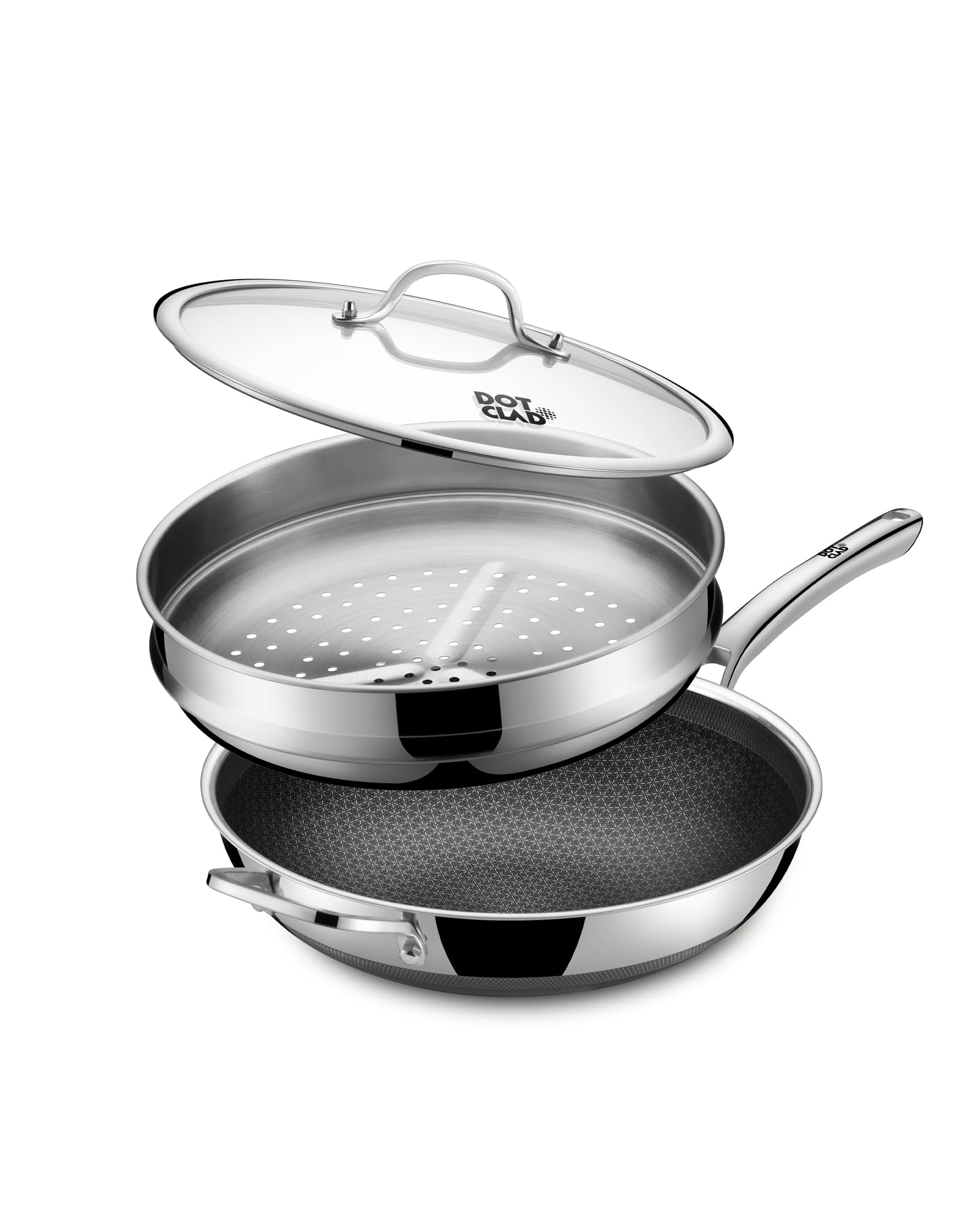13 Inch Hybrid Stainless Steel Wok with Lid and Steamer Basket, Non Stick Stir Fry Pan, PFOA-Free, Works on Induction, Dishwashe