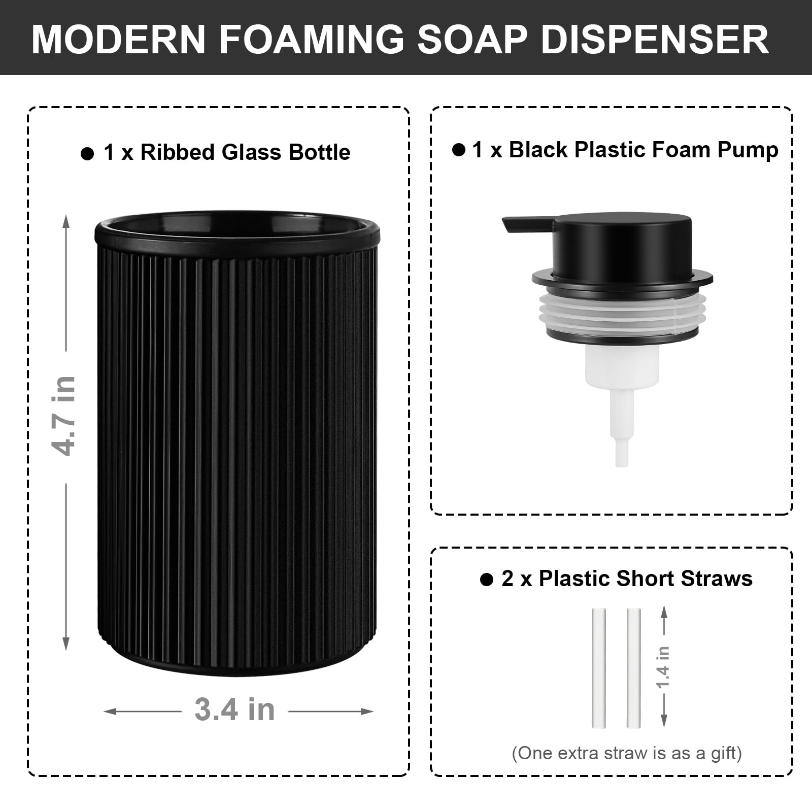 Kasunting Matte Black Foaming Soap Dispenser, Ribbed Glass Foam Hand Soap Dispenser For Bathroom, 15 Oz Refillable Foaming Pump