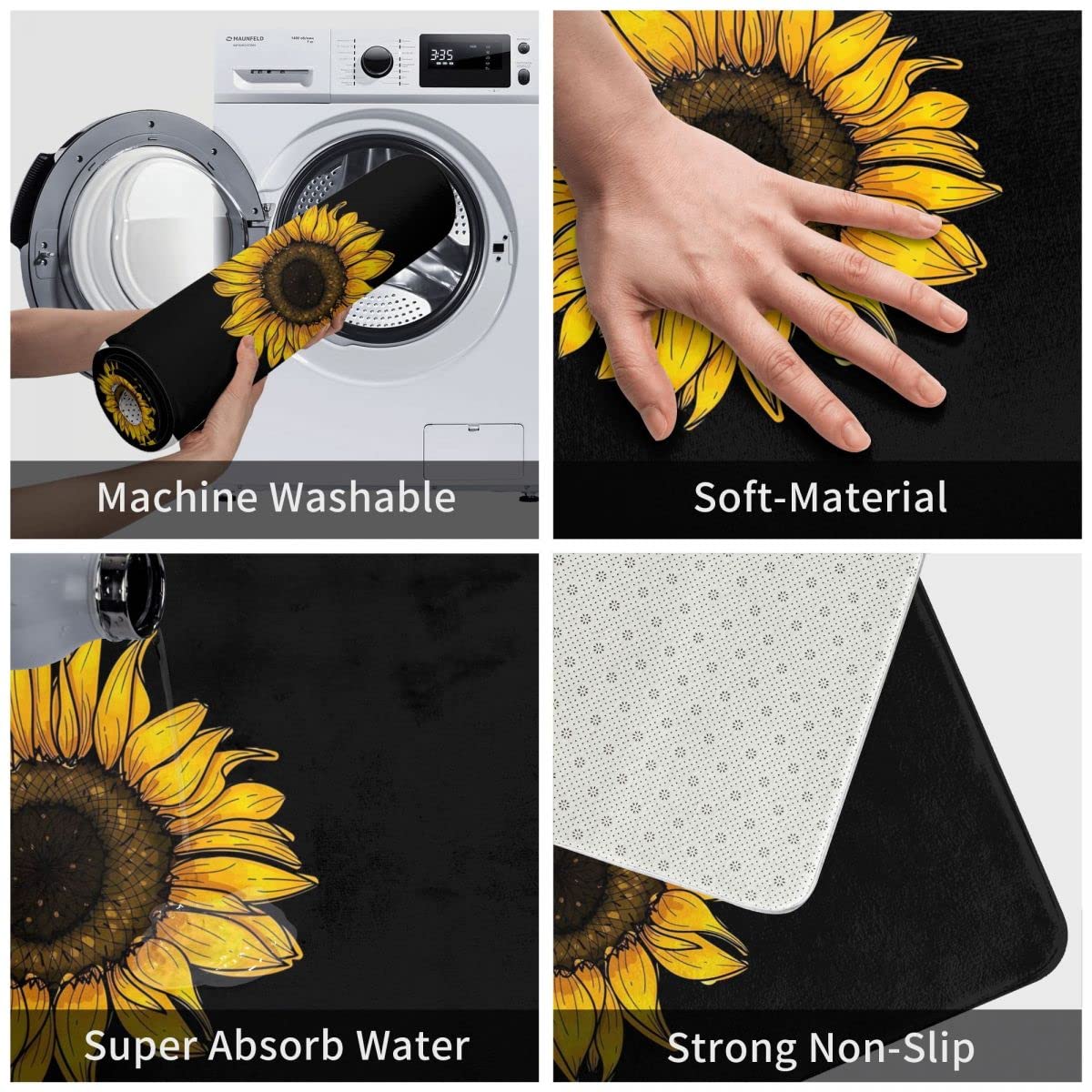 Sunflower Bathroom Rug Bath Decor Accessories, Black And Yellow Flower Floral Sunflower Bath Mat, Non Slip Soft Flannel Rug Entr