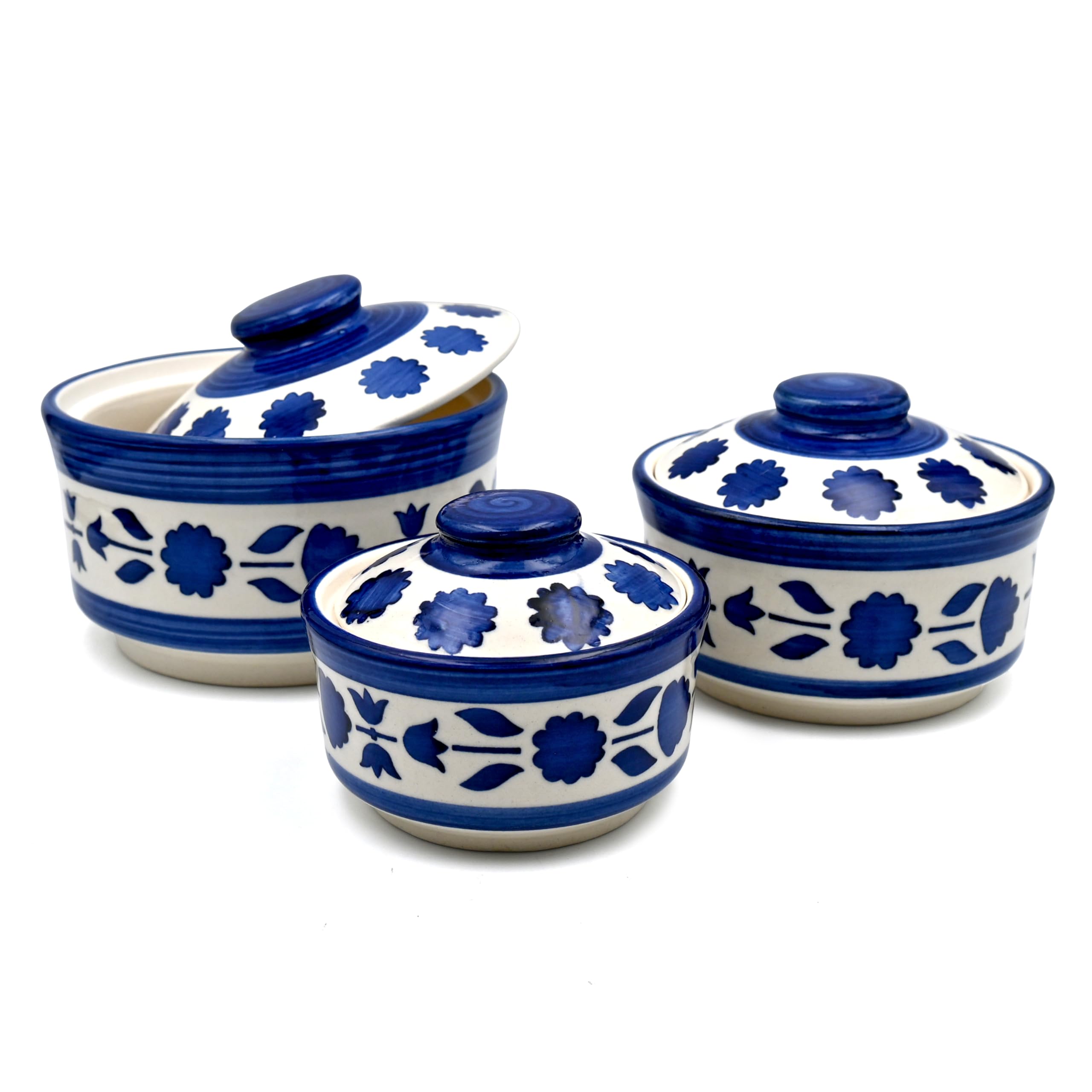 Sg Shadowgreen - Ceramic Serving Donga Set With Lid - Gravy Donga Set - Dinner Bowl With Lid - (Set Of 3-750Ml 500Ml 250Ml) (Blu