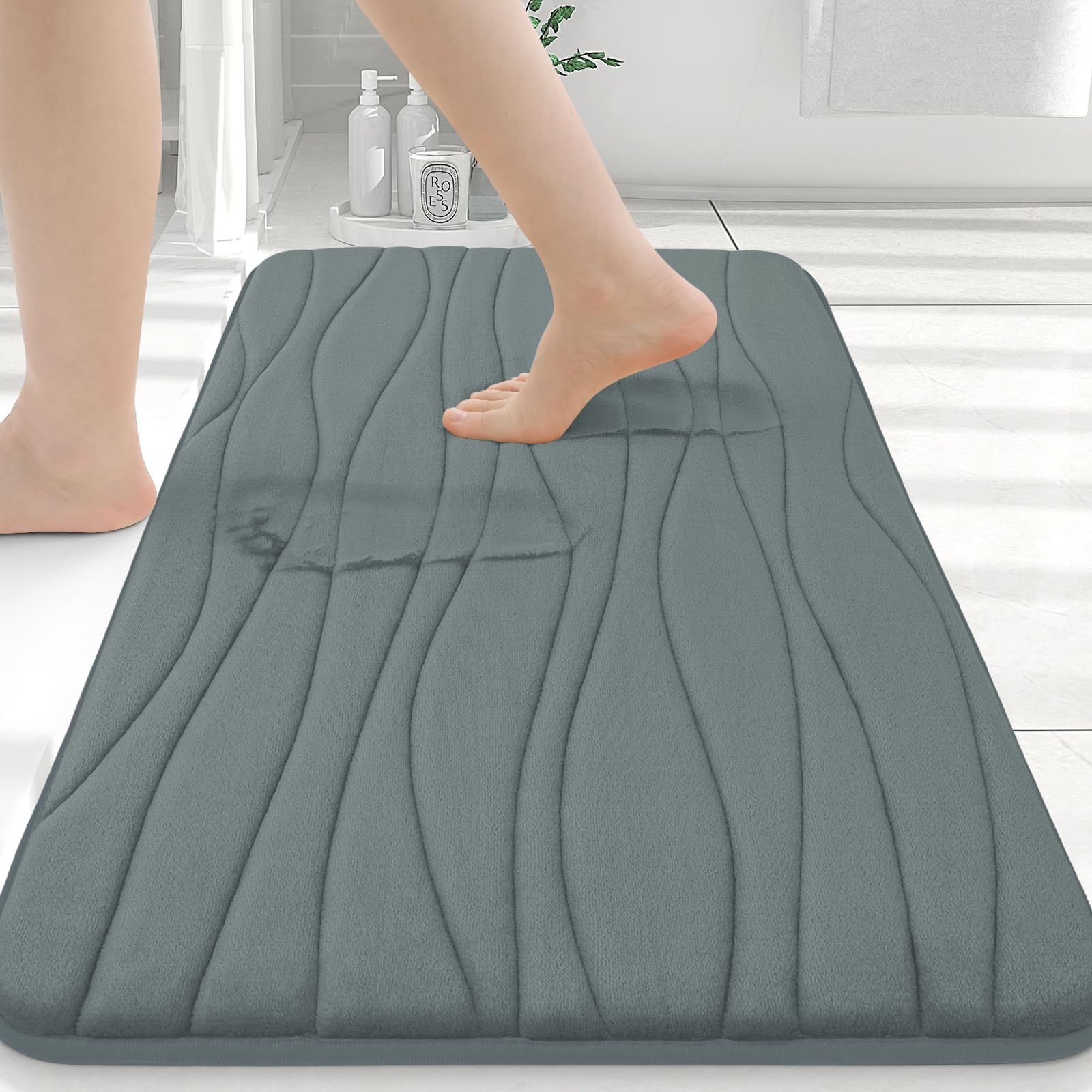 Buganda Memory Foam Bathroom Rug Mat 24x16  Extra Soft and Absorbent Bath Mats  Non-Slip and Machine Washable Bath Rugs for Bathroom Floor Tub and Shower  Grey