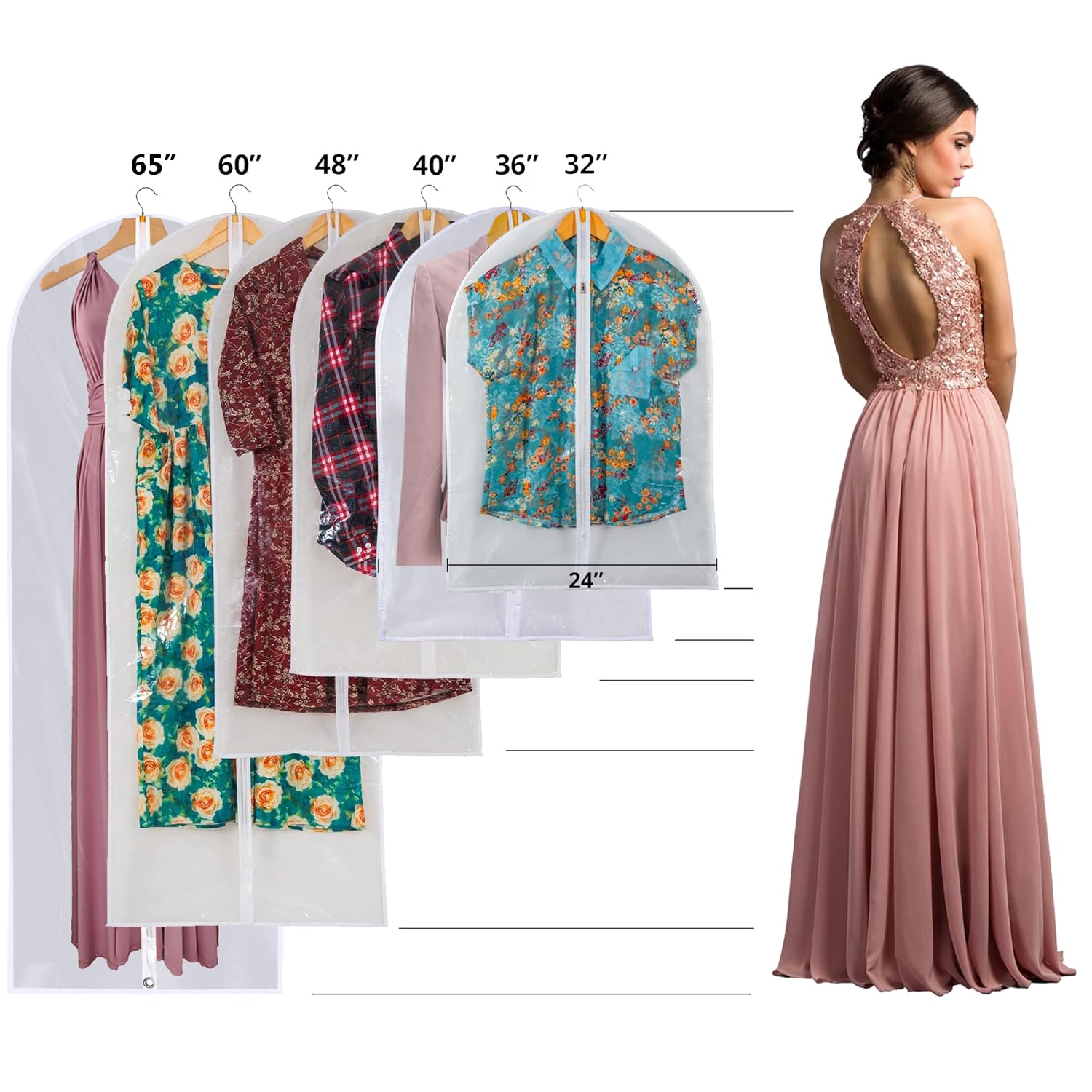 Dress Bags For Gowns Long - Foldable, 65'' Clear Garment Bags For Closet Storage And Travel 24''X65''/ 4 Pack