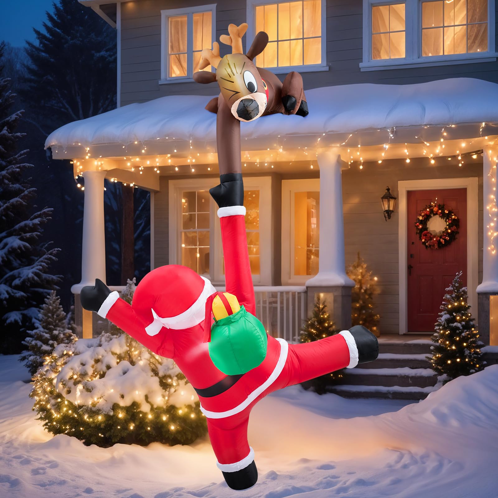 10 FT Hanging Inflatable Outdoor Decoration, Inflatable Elk and Climbing Santa Blow Up Yard Decor with Build-in LEDs, Inflatable