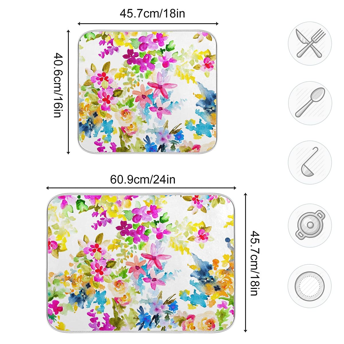 Spring Flowers Dish Drying Mat For Kitchen Counter 18'' X 16'' Inch - Absorbent Reversible Microfiber Dish Mat, Heat Resistant D
