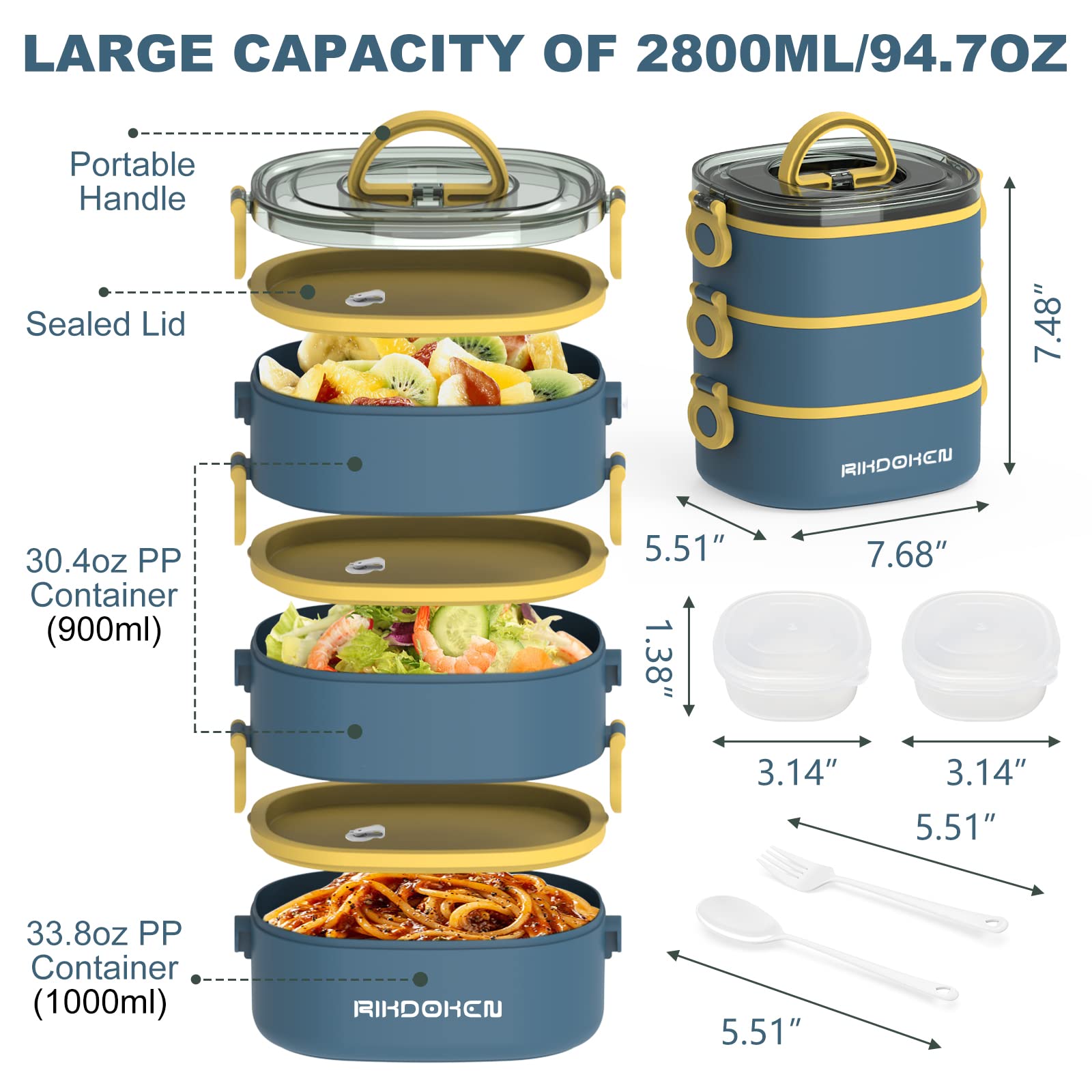 Rikdoken Lunch Box, Stackable 3 Layers Containers, Portable 94Oz Large Capacity Leakproof Bento Box With Spoon & Fork & Sauce Bo