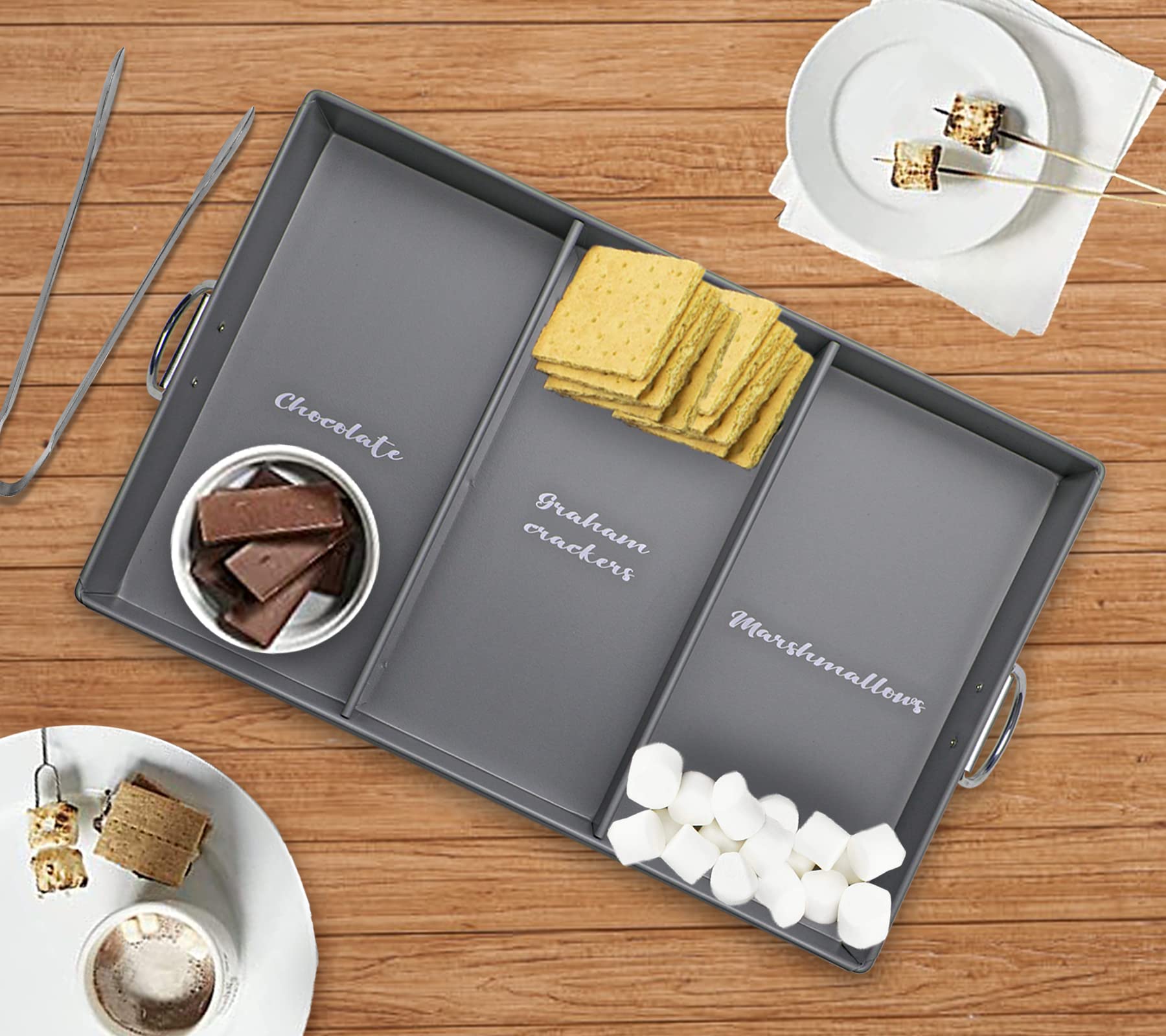 Webake Smores Tray With Food Tongs, Grey S'Mores Station Farmhouse S'Mores Bar Holder With Handles Rectangle Divided Metal Servi