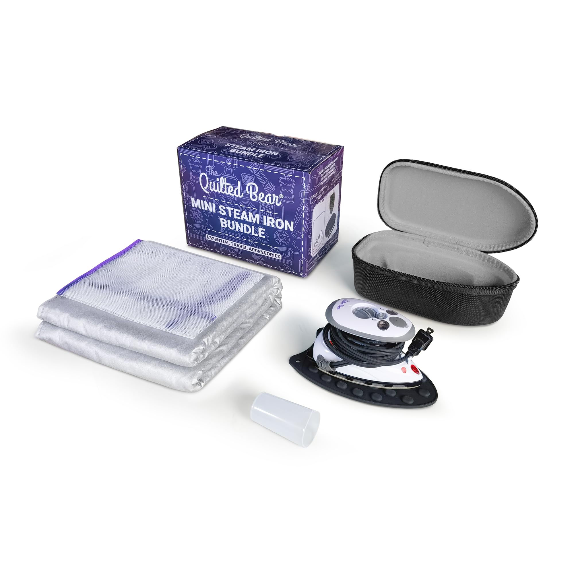 The Quilted Bear Mini Iron Bundle - Lightweight Steam Iron with Travel Case, Heat Resistant Mat - Black