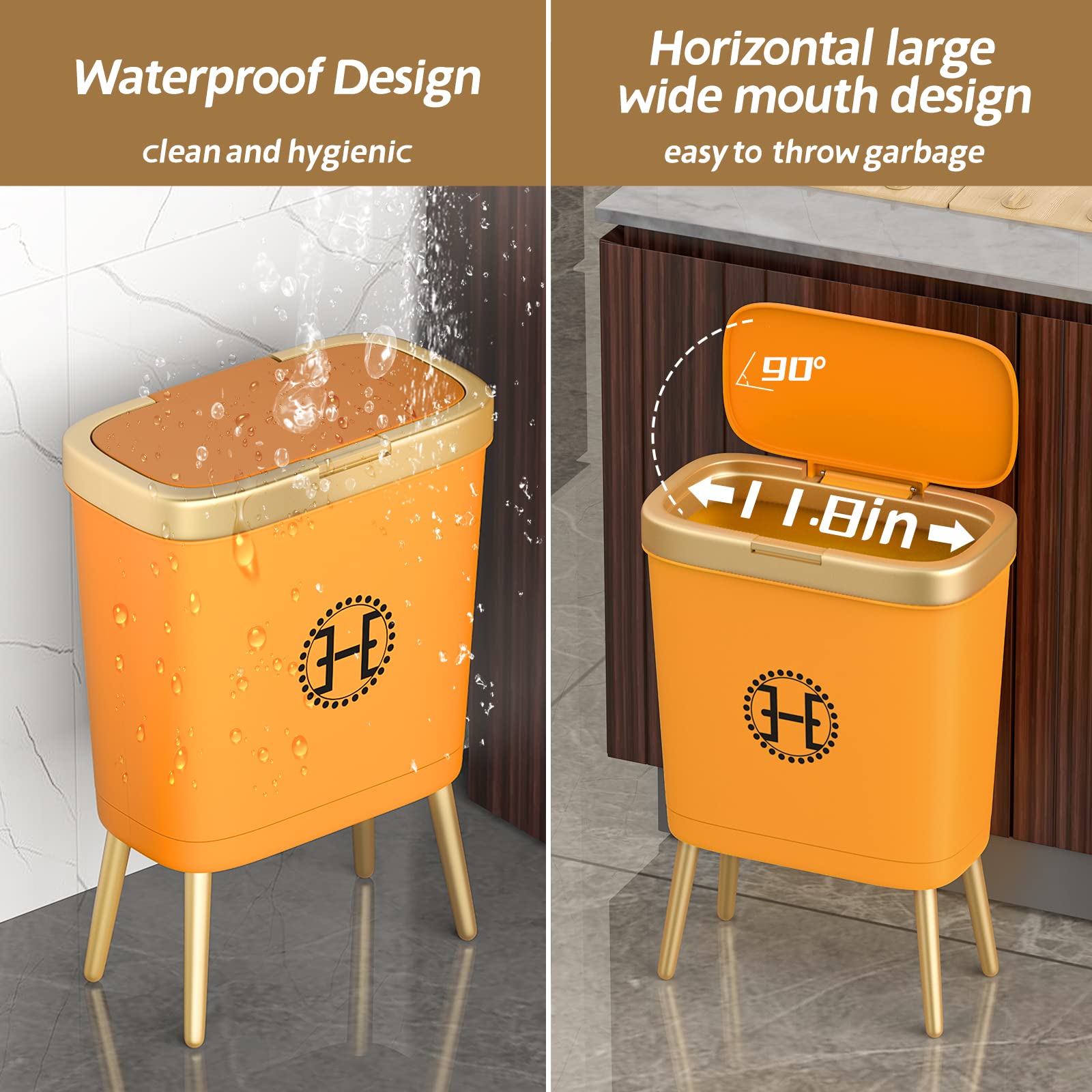 Bedroom Trash Can With Lid,Slim Bathroom Cans Lids, Dog Proof Press Top Lid,Modern Gold Plastic Waste Basket For Living Room, Of