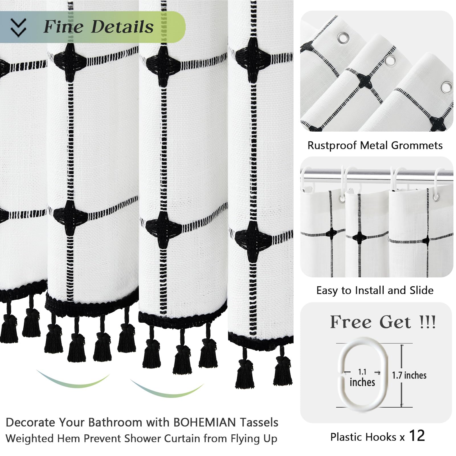 Yuanice Boho Farmhouse Shower Curtain, Linen Rustic Heavy Duty Fabric Shower Curtain Set With Tassels, Modern Bohemian Vintage T
