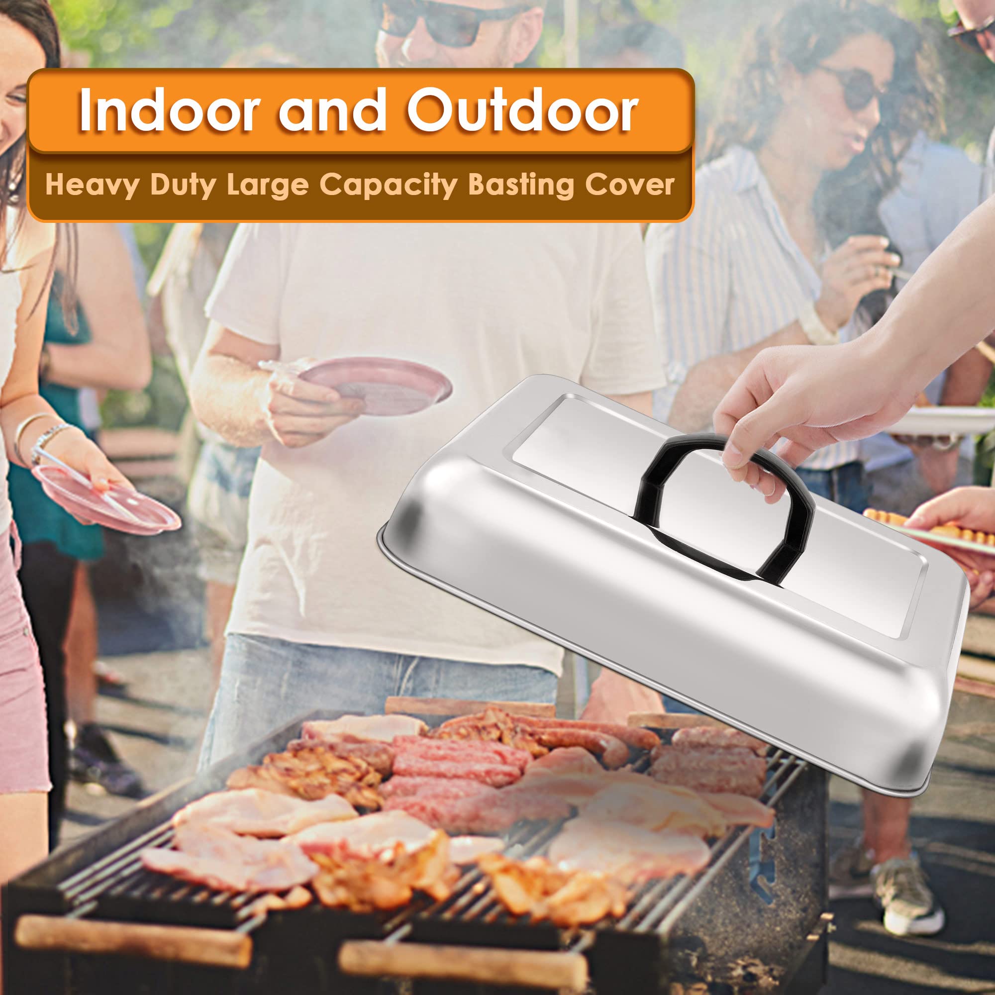 Leonyo 13 X 9 Inch Rectangular Basting Cover Set Of 2, Stainless Steel Metal Cheese Melting Dome Lid Heavy Duty For Outdoor&Indo