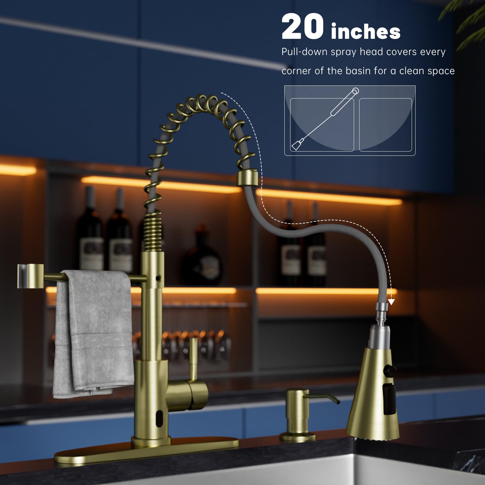 Dayone Brushed Gold Touchless Kitchen Sink Faucets With Soap Dispenser, Pull Down Smart Hands-Free Spring Faucet For Kitchen Sin