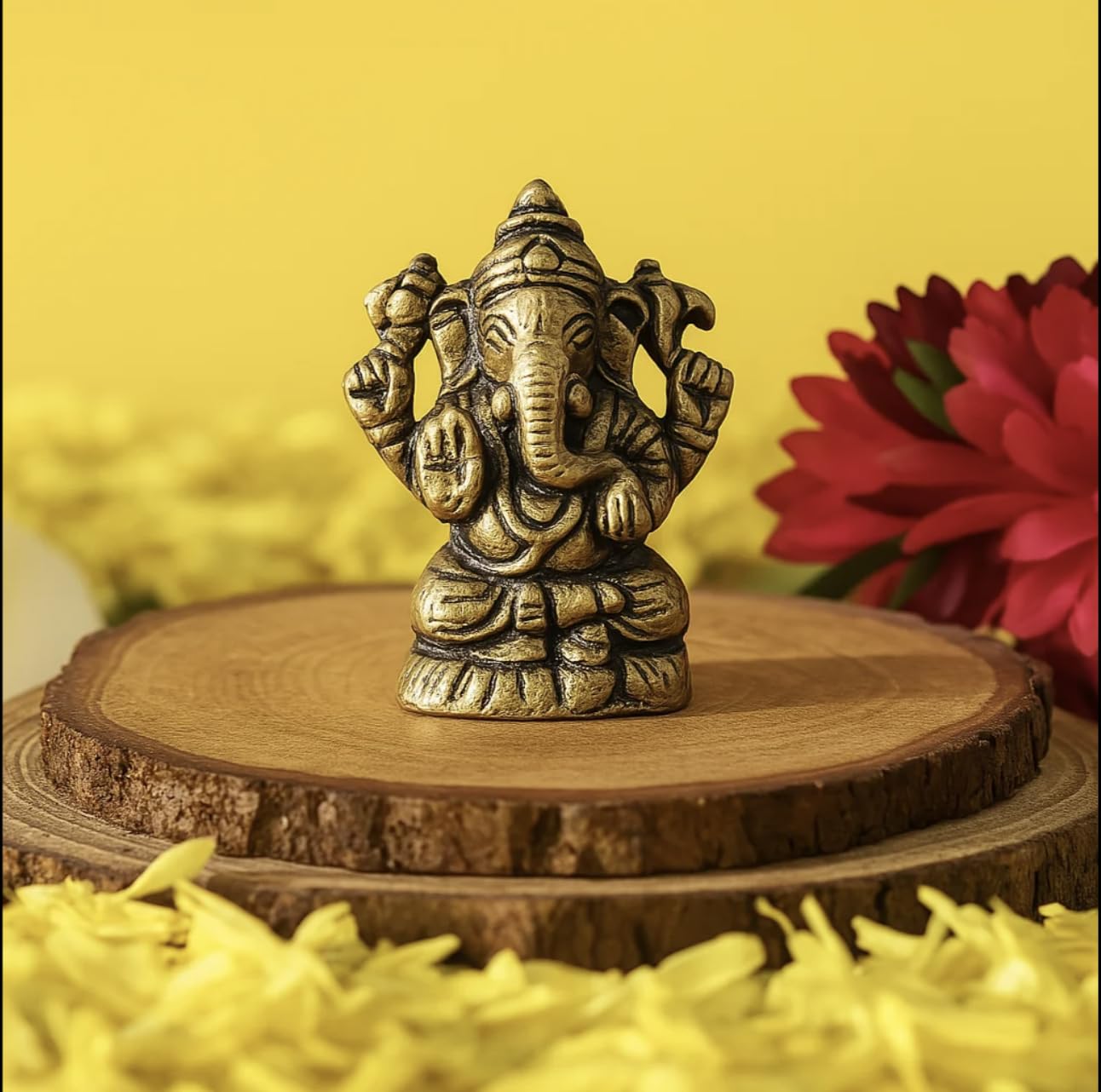 10Club Lord Ganesha Idol - 1Pc - 100% Pure Brass | Ganesh Unique Design with a Round Base for Desk, Car, and Home Dcor | Yellow
