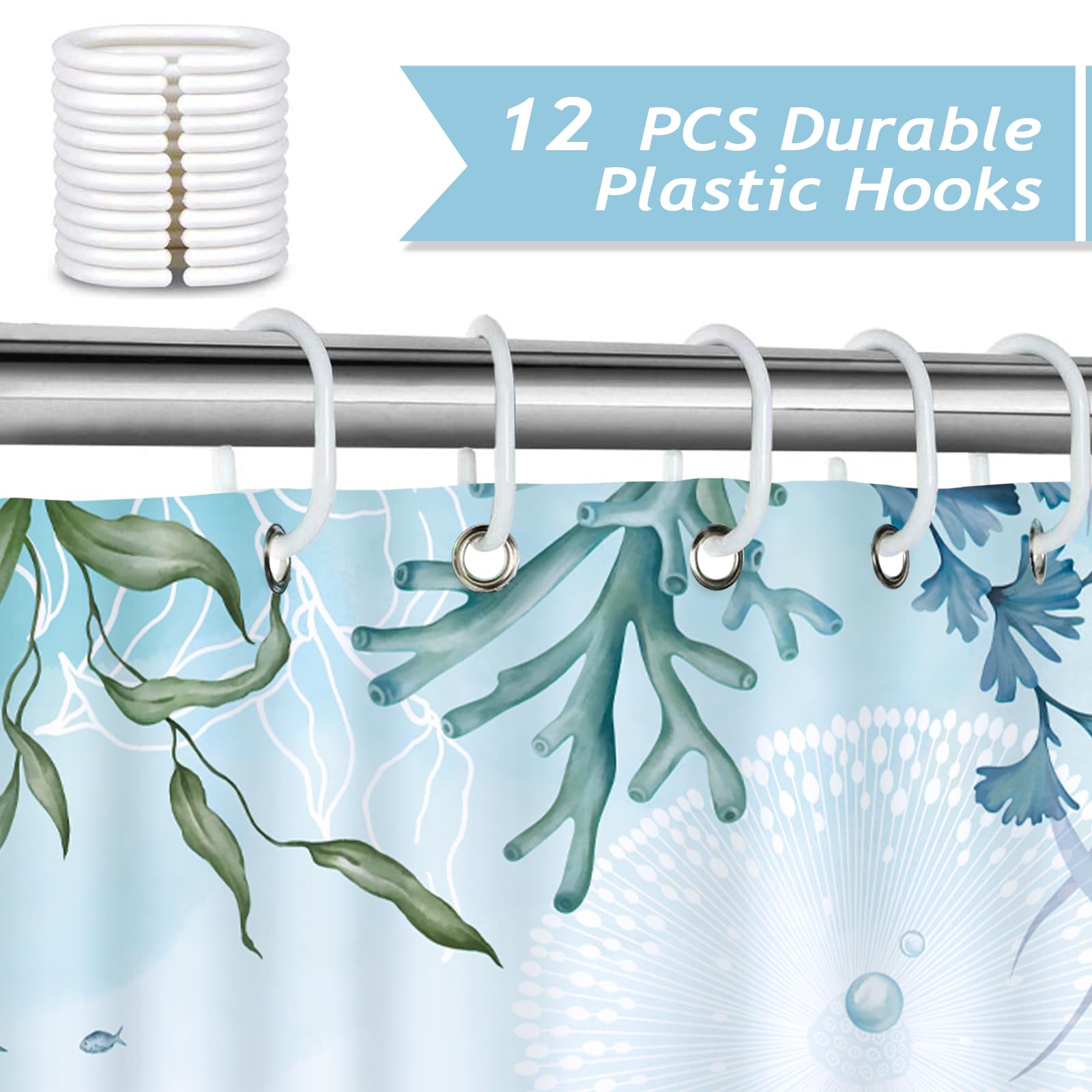 Bonhause Nautical Coastal Jellyfish Shower Curtain, Teal Ocean Theme Underwater Sealife Coral Seahorse Sea Turtle Bathroom Curta