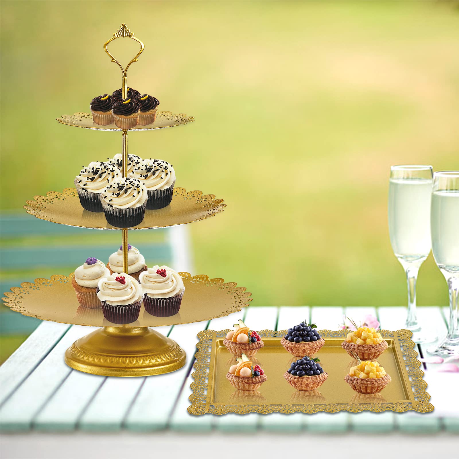 Jucoan 10 Pieces Gold Metal Cake Stand Set, Cupcake Holder Pastry Candy Fruits Serving Plate, Gold Dessert Table Stands And Tray