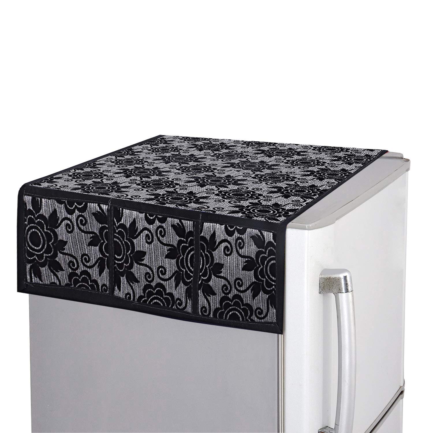 Kuber Industries Floral Design Cotton Fridge Top Cover 37''X21'' (Black), Ctktc013848