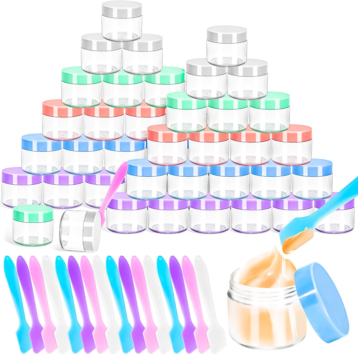 Motbach 35 Pcs 20G Empty Plastic Containers With Colored Lids,Small Makeup Sample Containers,0.7Oz Small Sample Pot Jars Round T