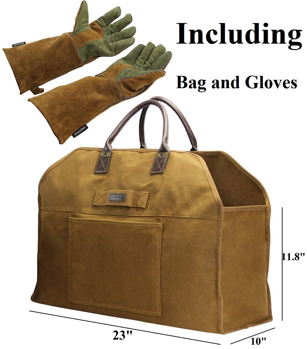 Inno Stage Firewood Log Carrier Bag Waxed Canvas Tote Holder With Fireplace Pure Leather Gloves For Hay Hauling Outdoor Camping,