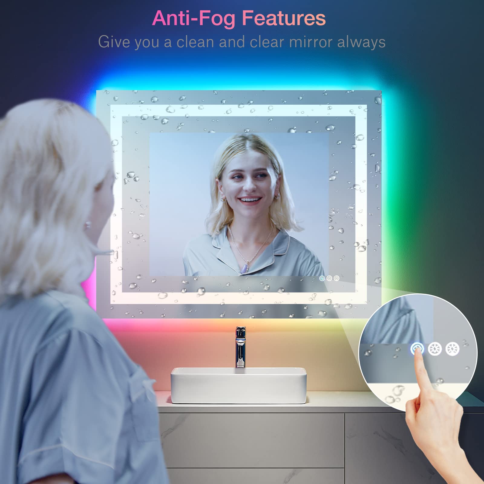 Loaao 40   X30 Rgb Led Bathroom Mirror With Lights For Bathroom, Anti-Fog, Dimmable,Multiple Light Modes, Rgb Backlit + Front Li