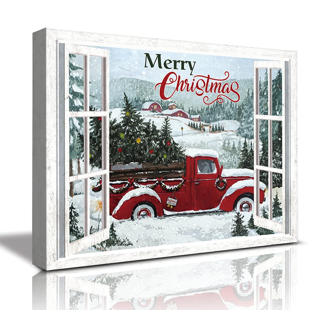 Kairne Merry Christmas Truck Canvas Decor,Holiday Rustic Red Truck Snow Winter Sign Christmas Tree Xmas Wall Art(12X16Inch) Farm