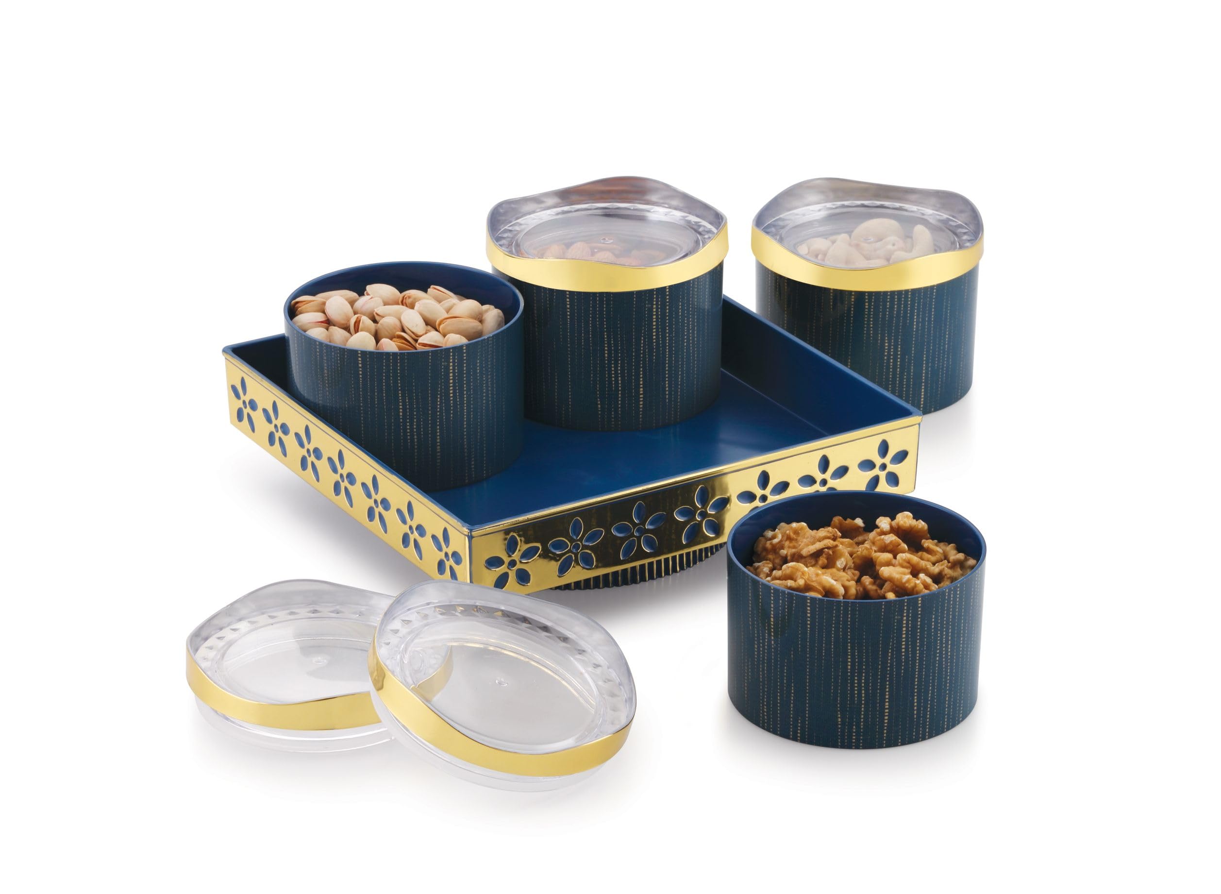 Simandhar Golden Dot 4 Revolving Unbreakable And Airtight Dry Fruit Container Tray Set With Lid, Airtight Container Set, 450 Ml 