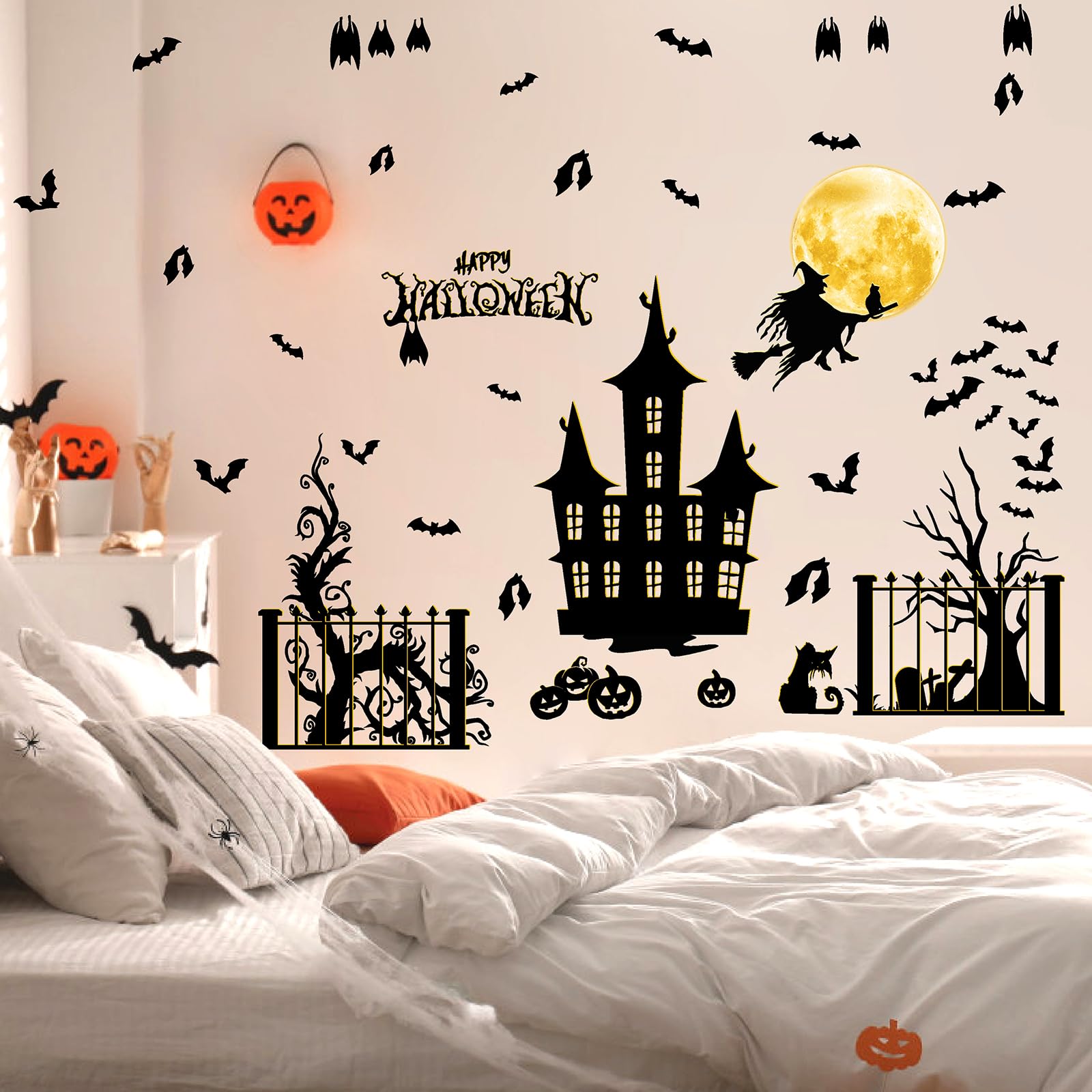 Halloween Bat Wall Decals Moon Witch Wall Stickers Large Spooky Tree Wall Decals Castle Pumpkin Vinyl Bat Wall Decals Removable