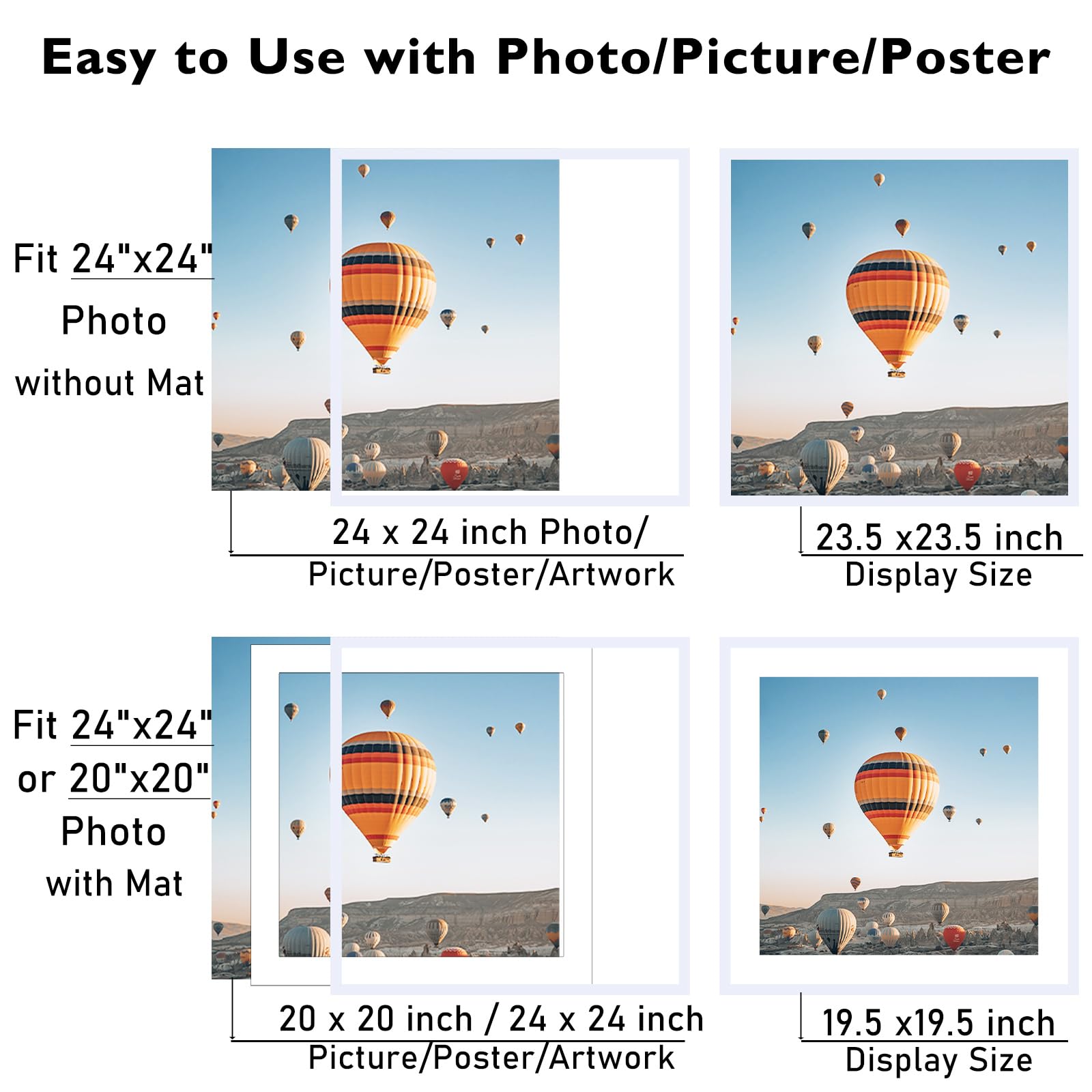 JCJMY 24x24 Picture Frame White with 20x20 Mat, Display Photo 20x20 with Mat or 24 x 24 Without Mat, Wall Hanging Large 24x24 Po