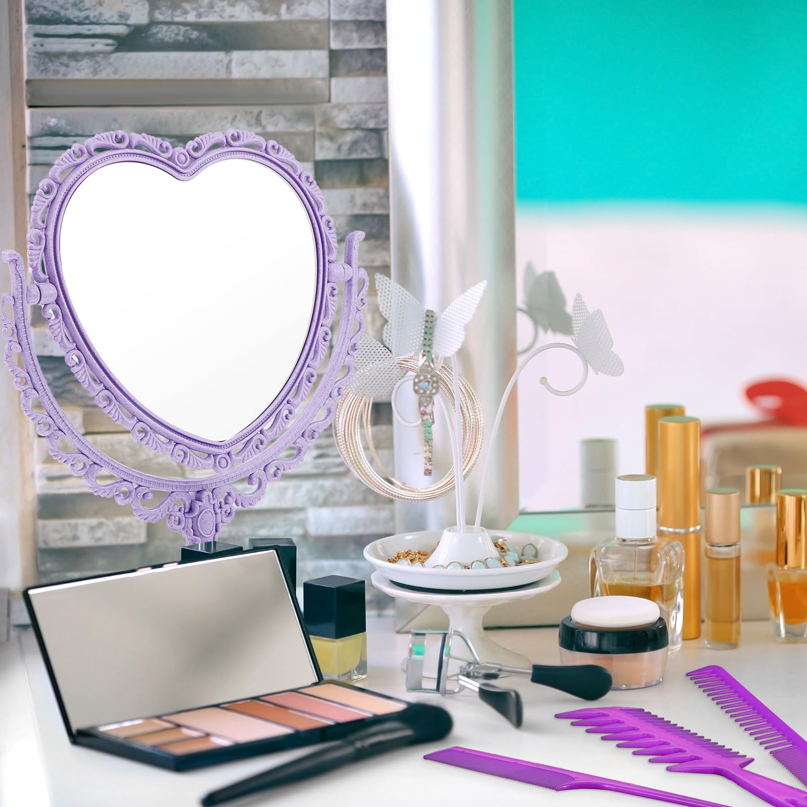 CHENGU Heart Shaped Mirror 8 Pieces Hair Styling Combs Double Sided Rotatable Dresser Heart Mirror Makeup Gifts for Girls Gift V