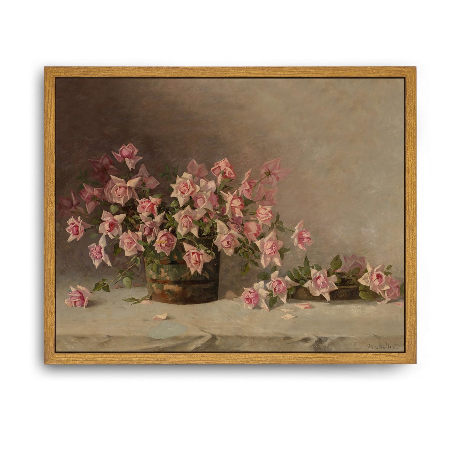 Roslynity Framed Canvas Wall Art Vintage Print Oil Painting Still Life With Pink Roses Flower Floral Botanical Country Retro Aes