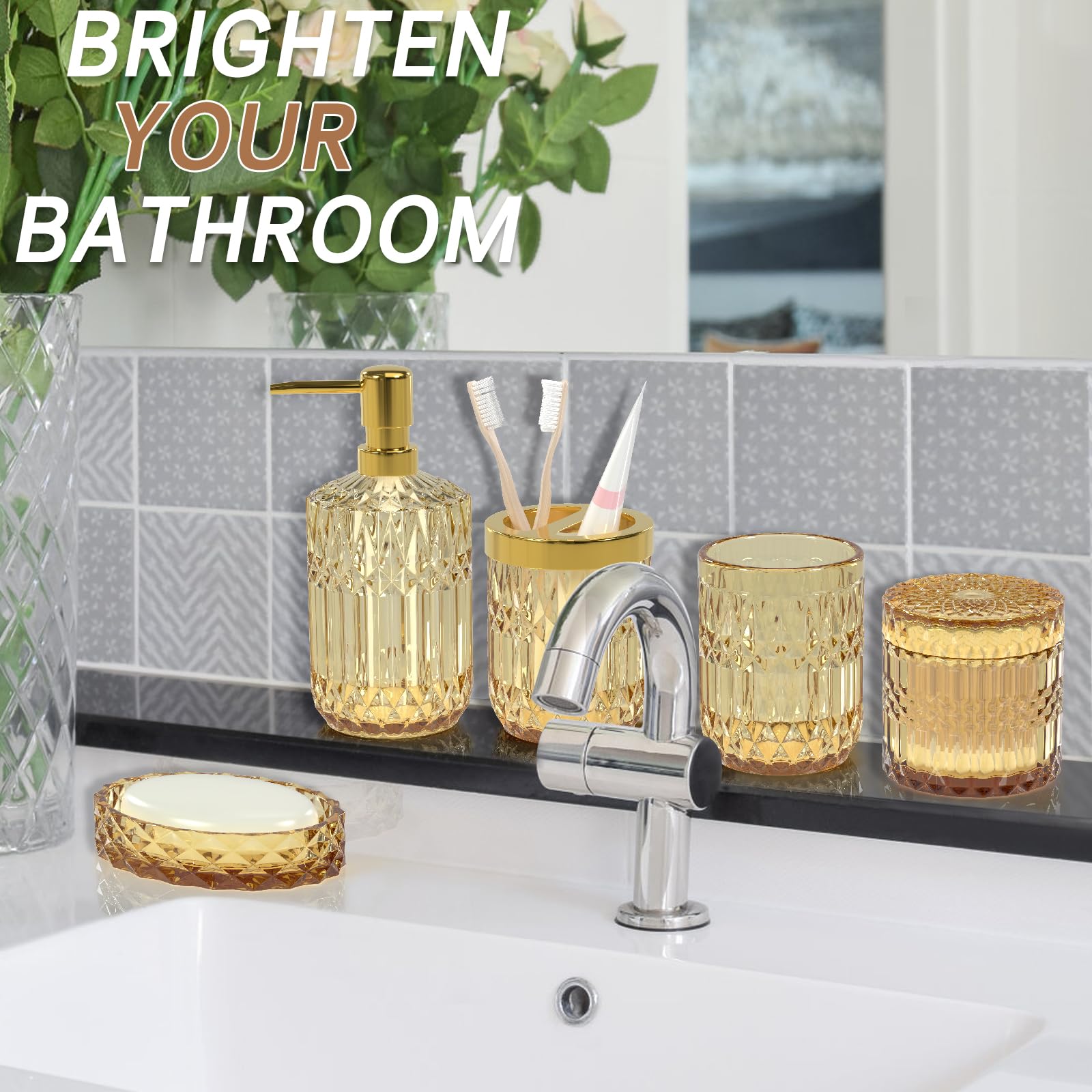 Brown Bathroom Accessory Set 5Pcs - Amber Glass Bathroom Accessories With Toothbrush Holder Set, Soap Dispenser, Soap Dish, Tumb