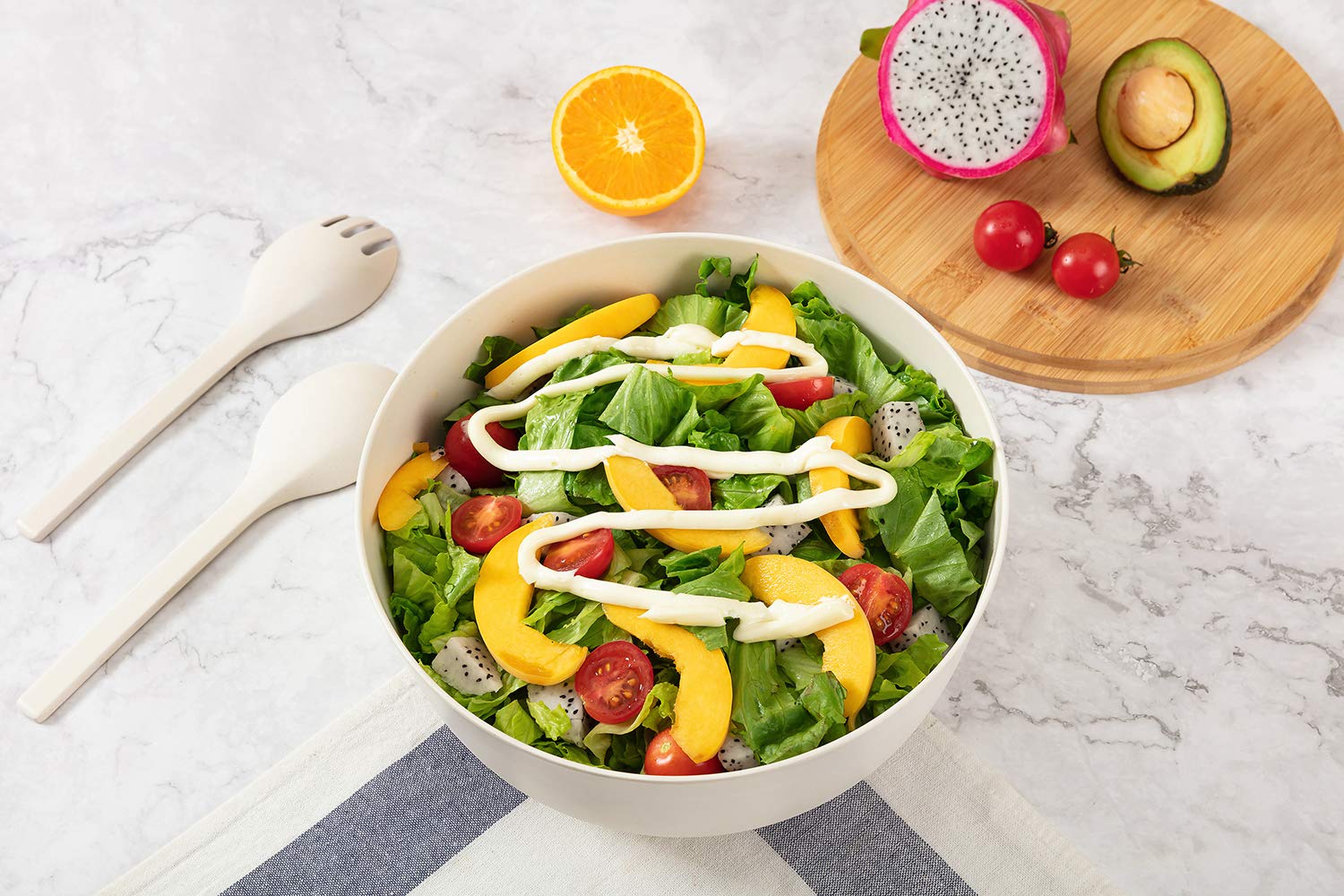 Gehe Bamboo Salad Bowl With Servers Set - Large 9.8 Inches Mixing Bowls Solid Bamboo Salad Wooden Bowl With Bamboo Lid Spoon For