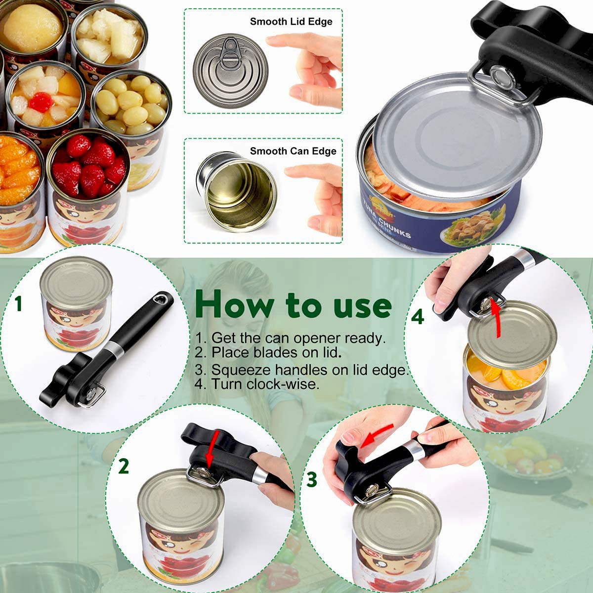 Safe Cut Can Opener, Smooth Edge Can Opener Ergonomic Handle, Manual Can Opener, Food Grade Stainless Steel Cutting Can Opener F