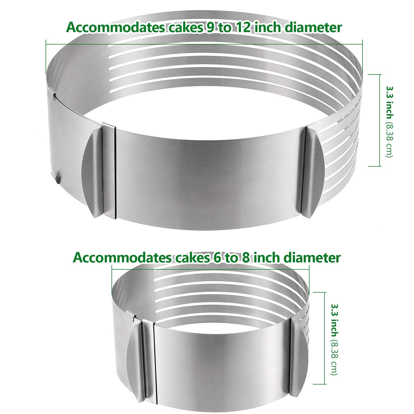 2 Pcs Adjustable Cake Ring Cutter, Hakzeon Stainless Steel 7-Layered Cake Slicer Leveler 6-8 Inch, 9-12 Inch Mousse Slicing Roun