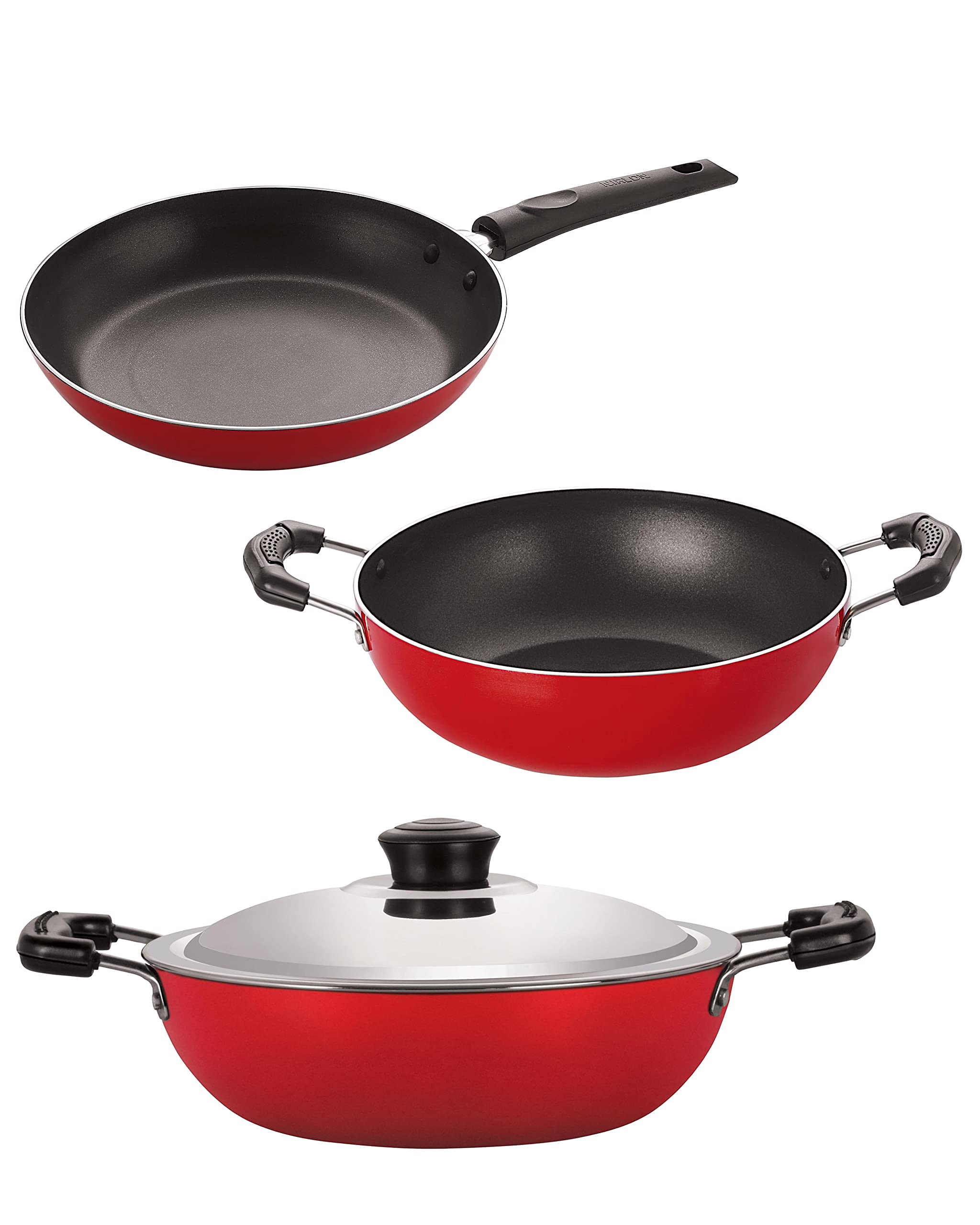 Nirlon Kitchen Non Stick Cookware Combo Sets  Kadai 1.5 Liter, Deep Kadai With Lid 2.6 Liter, Tapper Pan 20Cm
