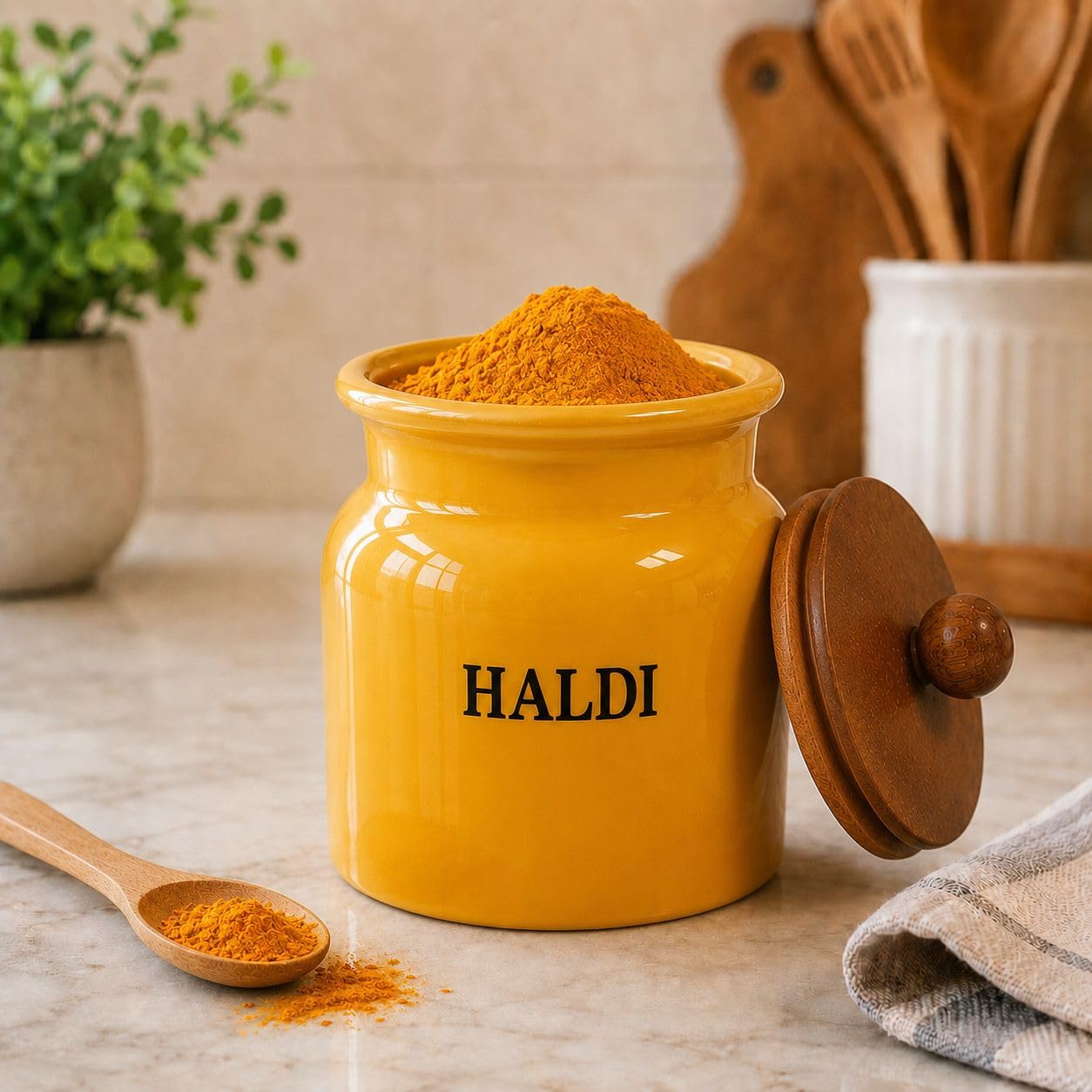 Metallicon Airtight Powder Coated Metal Storage Container With Wooden Lid For Haldi Storage, Kitchen Canister For Dry Ingredient