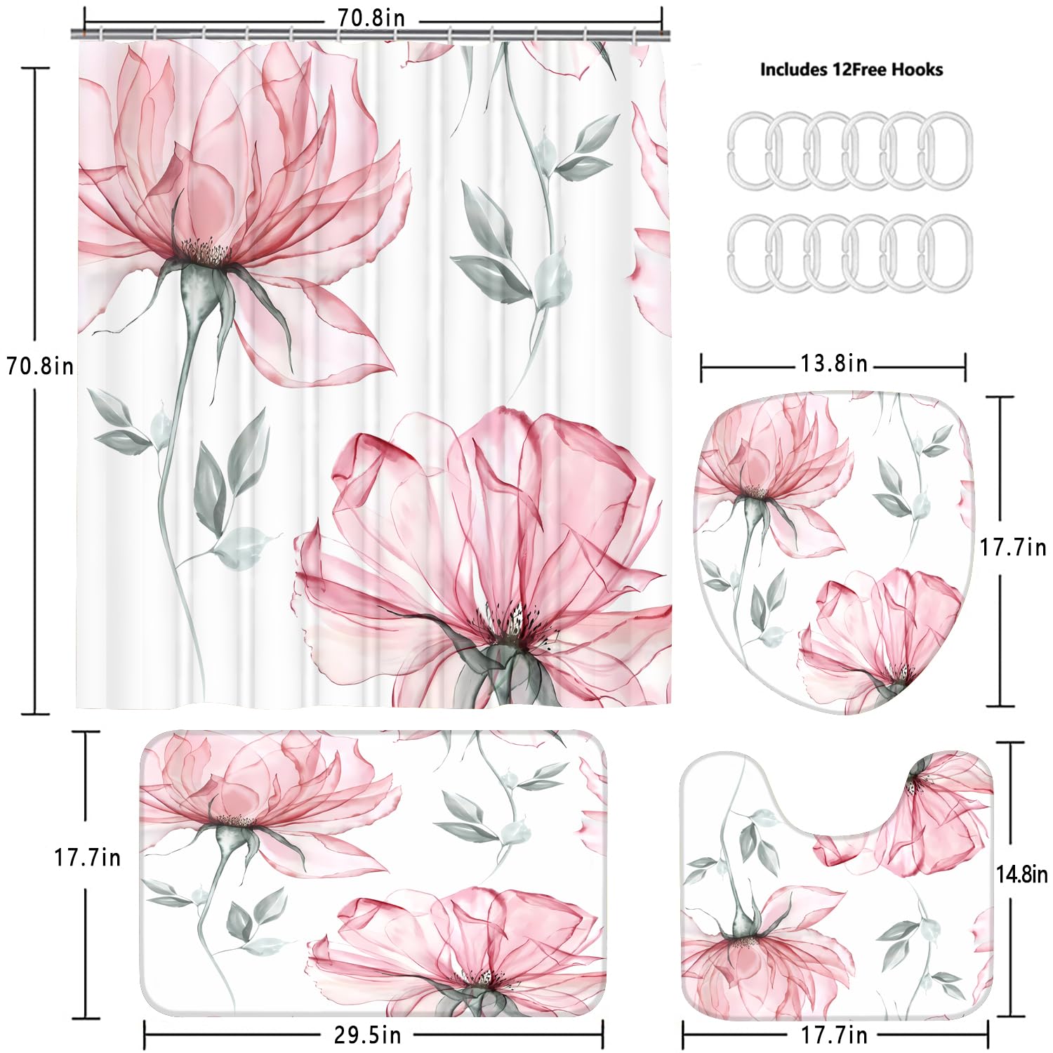 Pretyw 4-Piece Pink Flowers Shower Curtain Set Floral Leaves Bathroom Set With Shower Curtain And Rugs, Pink White Minimalist Ba