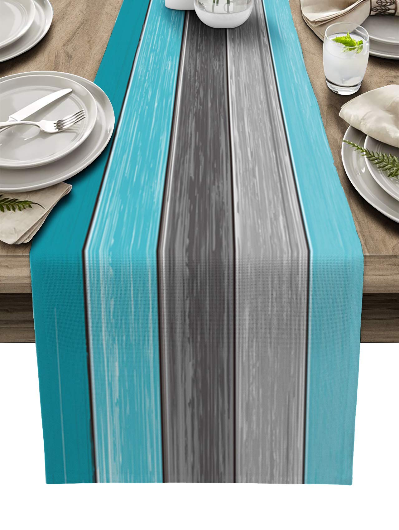 Vandarllin Farmhouse Cotton Linen Table Runner Dresser Scarf Retro Rustic Barn Wood Texture Ombre Aqua Blue Gray Non-Slip Rectan